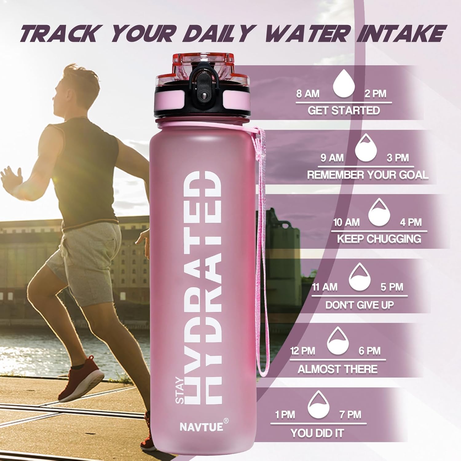 Water Bottle, 32oz Sports Water Bottles with Time Marker Wide Mouth, Motivational and Leakproof Drink Bottle, BPA Free Tritan with Carry Strap for Gym Fitness Outdoor (1 Bottle) - Image 3
