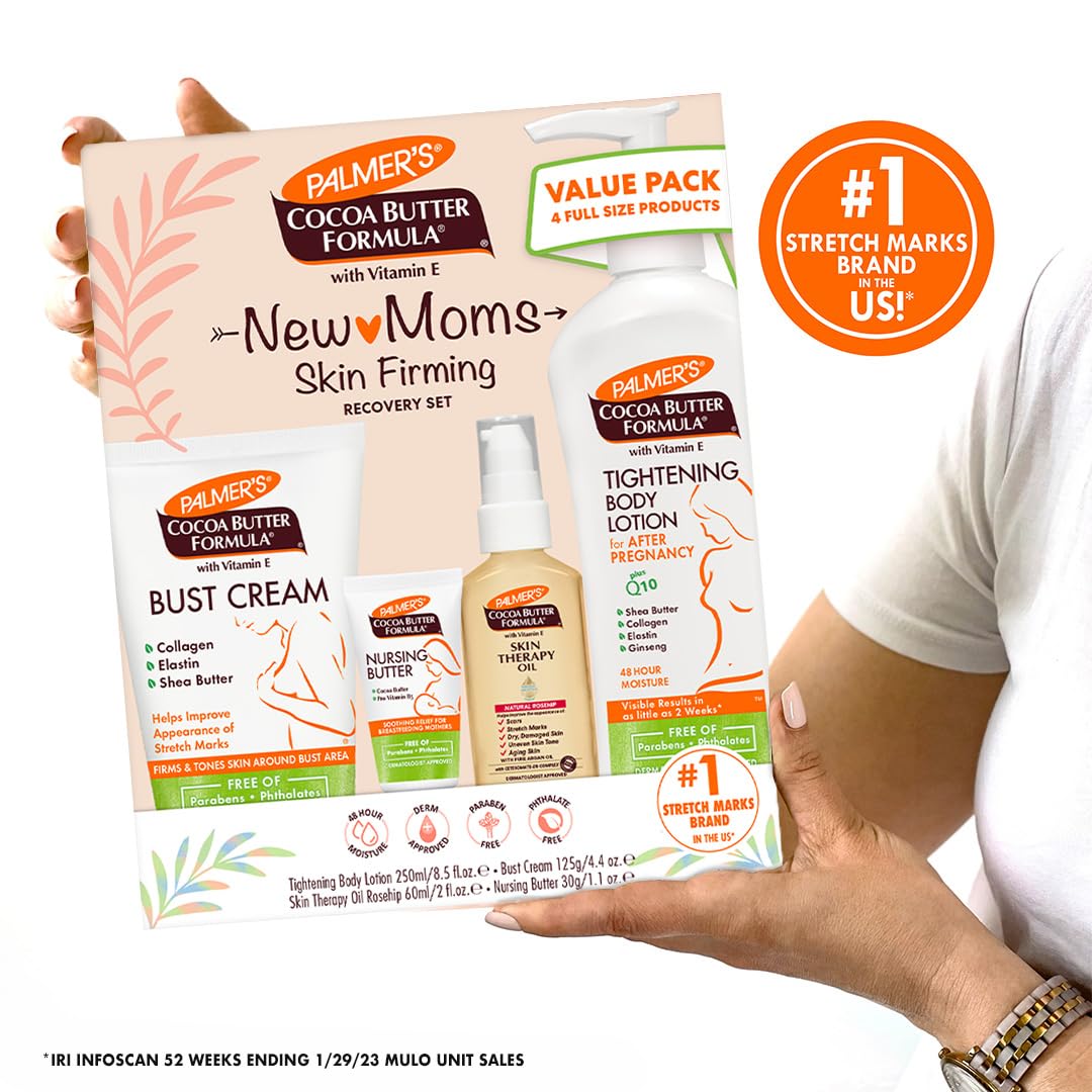 Palmer's Cocoa Butter Formula New Moms Skin Recovery Postpartum Essentials, Body Lotion (8.5 oz) + Nursing Butter (1.1 oz) + Bust Cream (4.4 oz) + Skin Therapy Oil (2 oz), Dermatologist Approved - Image 9