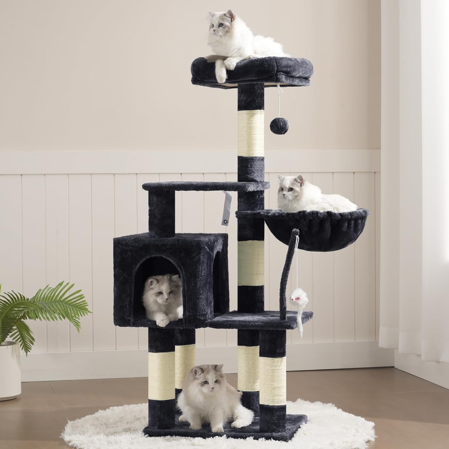 Heybly Cat Tree with Toy, Cat Tower Condo for Indoor Cats, Cat House with Padded Plush Perch, Cozy Hammock and Sisal Scratching Posts, Smoky Gray HCT004SG - Image 8