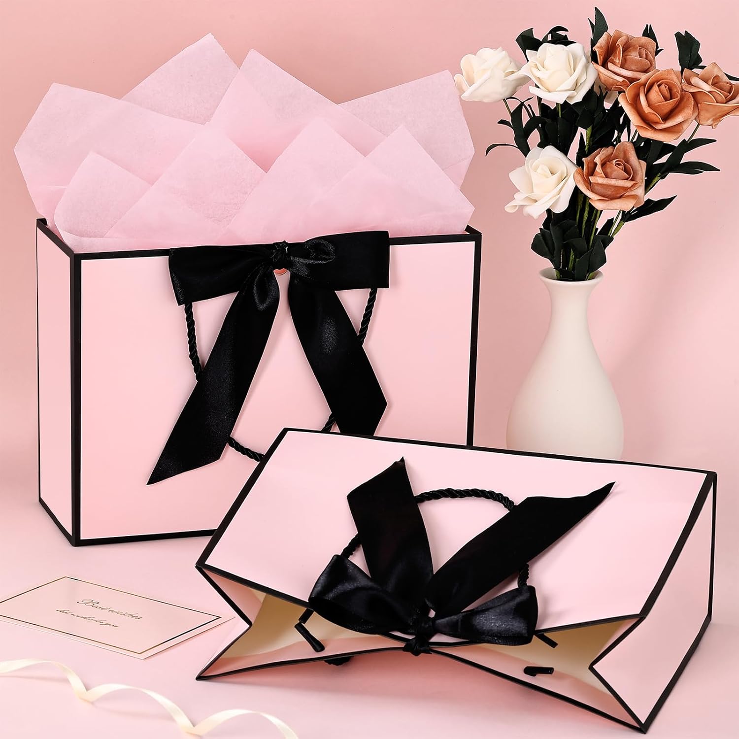 JMANNI Gift Bags with Handles, 1Pcs Paper Gift Bag with 2 Tissue Paper and 1 Greeting Cards, Present Bags for Women Mother's day Birthday Valentines Wedding Party Baby Shower (Black-Pink) - Image 3