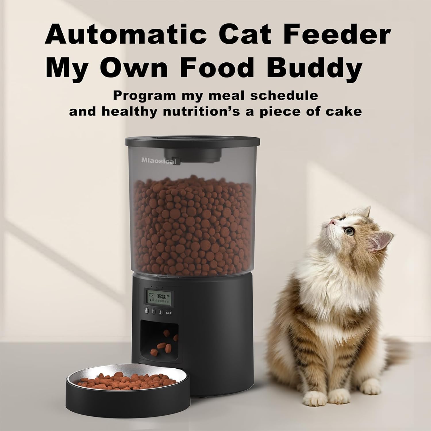Automated Cat Feeder,Clear 4.2L Dry Food Dispenser with Single Bowl,Programmable Timed Pet Feeder for Up to 6 Daily Meals,10-Second Voice Message & Dual Power Backup (Black, 4.2L Press Version) - Image 2