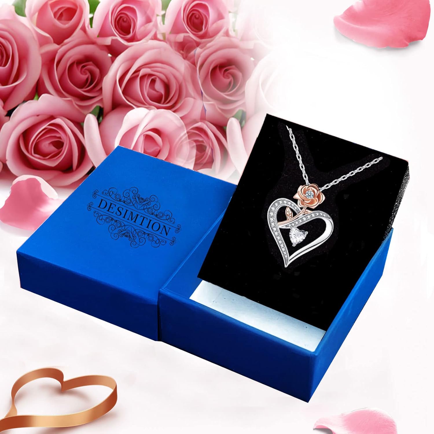Heart Necklace for Women, Sterling Silver Cubic Zirconia Necklace with Rose, Love Jewelry Gift for Wife, Girlfriend, Mom on Christmas, Valentine's Day, Birthday, Anniversary - Image 6