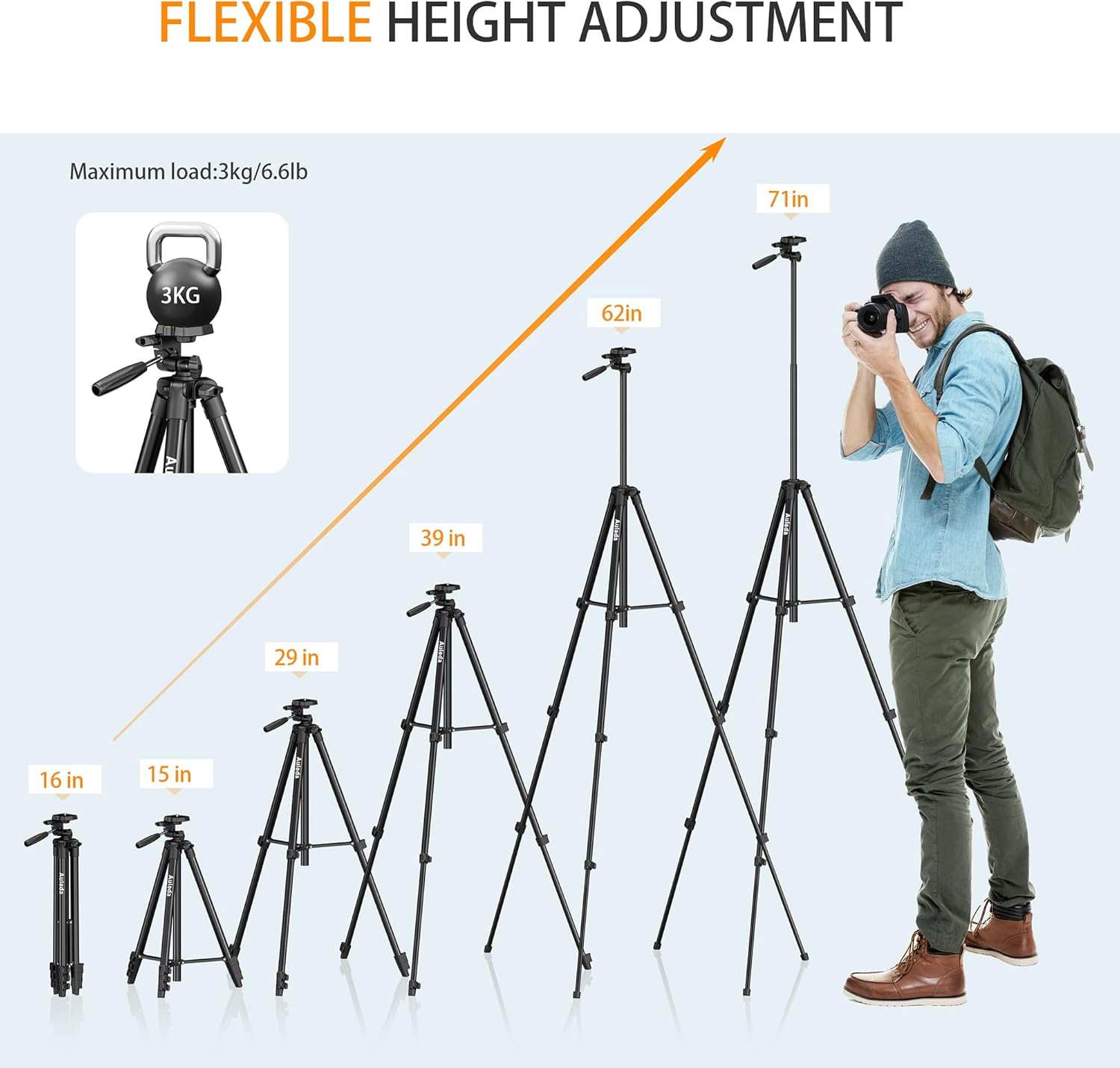 71″ Camera Tripod Aluminum Tall Tripod Stand Compatible with Canon Nikon with Wireless Remote Phone Holder and Bag Max Load 6.6 LB - Image 7