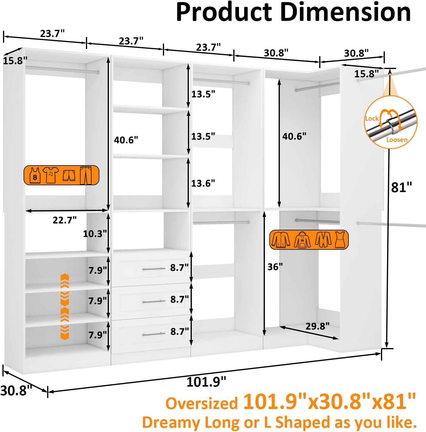 Closet Organizer System of 4 Sets with 3 Drawers, 9 Hanging Rods & 8 Shelves, 157" Walk in Closet System, Corner Closet Organizer, Modular Standalone Closet, White - Image 3
