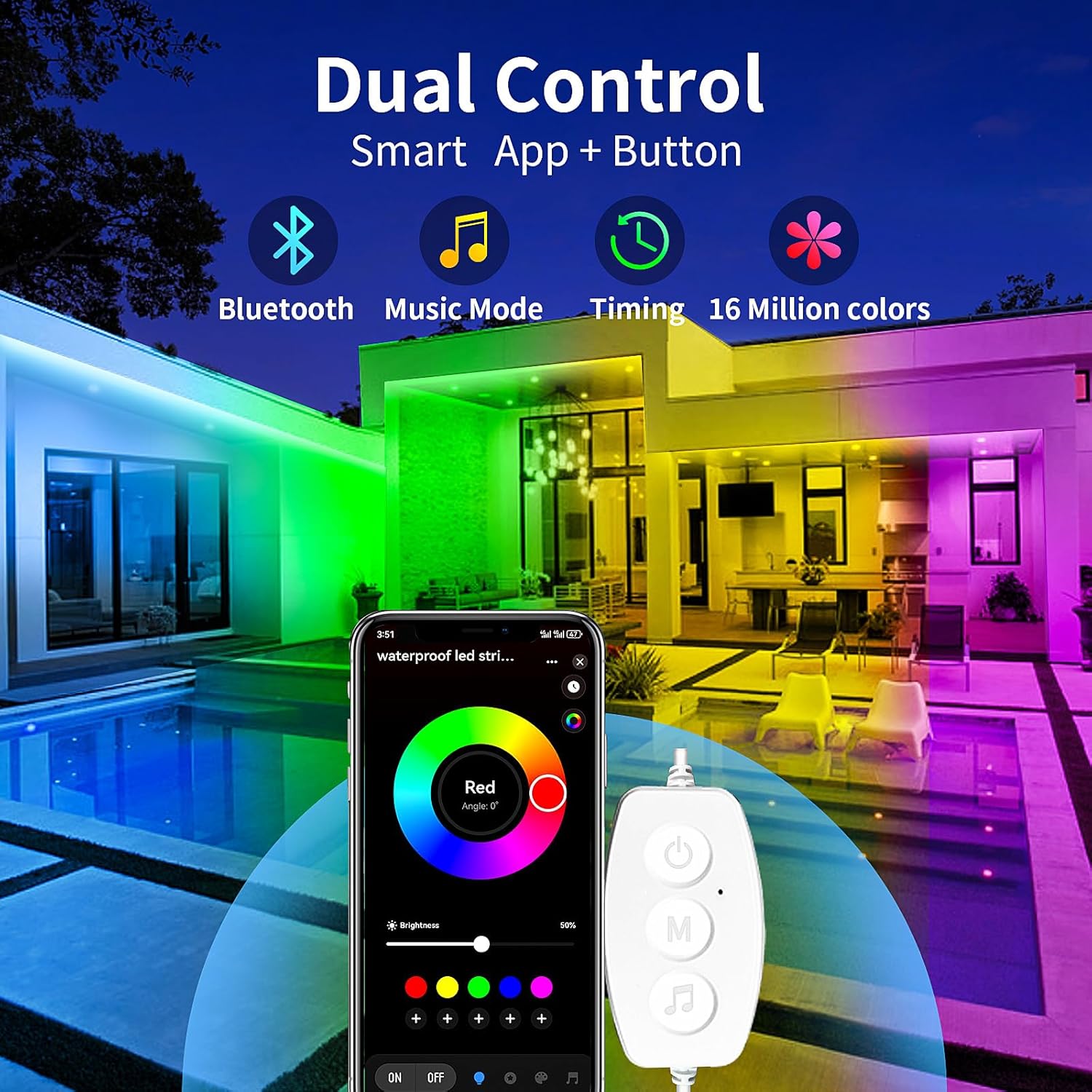 KSIPZE Outdoor led Strip Lights Waterproof IP68, RGB Outdoor led Lights with Button & Bluetooth App Control, Music Sync, Timer, Exterior Led Rope Lights for Decor Balcony, Roof, Garden, Pool - Image 2