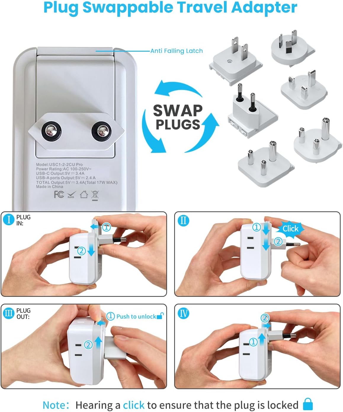 VINTAR Universal Travel Adapter Kit, International Power Adapter with 3 USB Ports (2 USB C) 4 AC Outlets, Type A,C,G,D,I,M Detachable Attachments, Travel Adapter Worldwide for US/EU/UK/India/Africa - Image 2