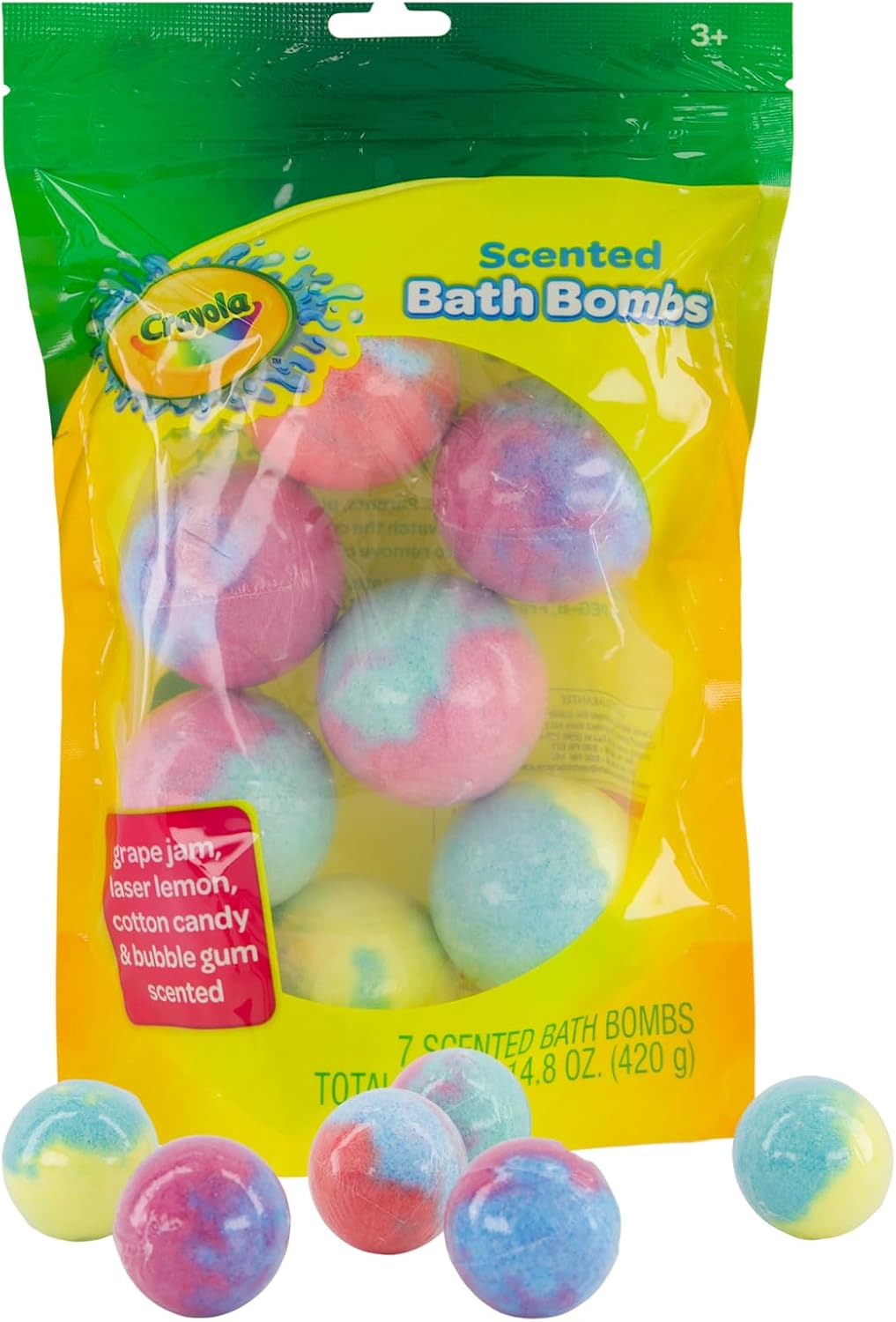 Crayola Colorful Scented Bath Bombs for Kids, Color You Bath Bathbomb Fizzies for Boys Girls Holiday Stocking Stuffer, Grape Jam, Laser Lemon, Cotton Candy, & Bubble Gum Scents