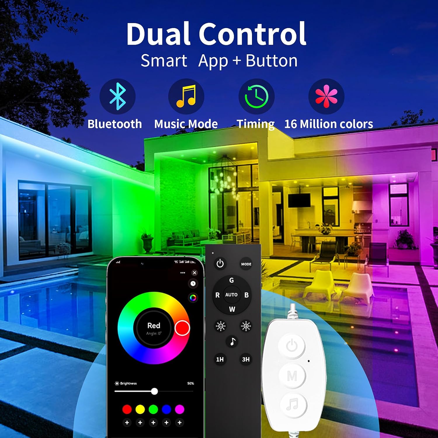 KSIPZE 50ft Outdoor led Strip Lights Waterproof IP68, RGB Outdoor led Lights with Button & Bluetooth App Control, Music Sync, Timer, Exterior Led Rope Lights for Decor Balcony, Roof, Garden, Pool - Image 2