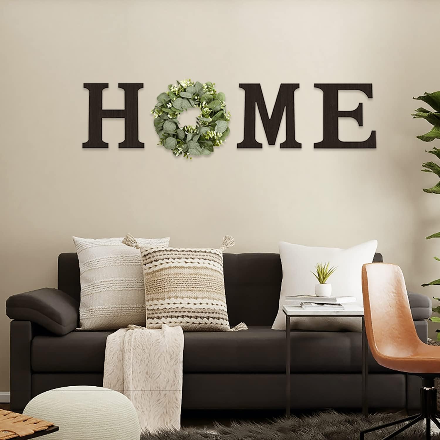 Pinkpum Wood Home Sign with Artificial Eucalyptus Wreath for O, Hanging Farmhouse Wall House Decor Wood Letters for Wall Art Rustic Home Decor, Wall Decor for Living Room Kitchen Entryway (Black) - Image 8
