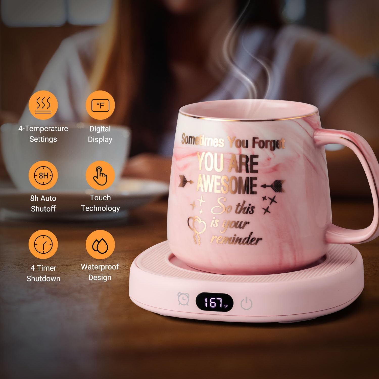 Coffee Mug Warmer & You are Awesome Mug Set, Electric Cup Warmer for Desk, Beverage Warmer with 4 Temperature Setting, 8-Hours Auto Shut Off - Image 2