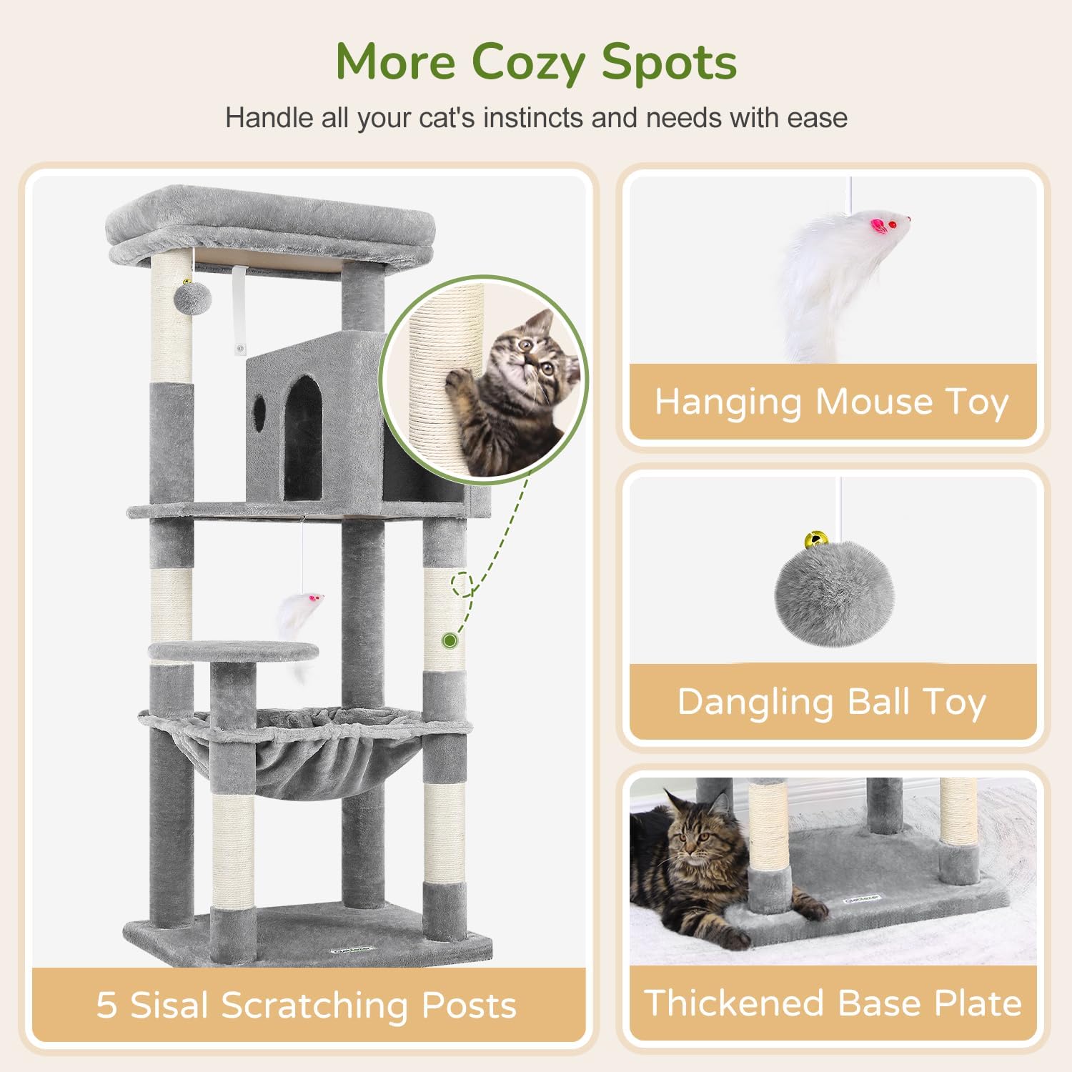 Globlazer Cat Tree Tower with Scratching Post for Indoor Cats, 53inch Tall Plush Multi-Level Cat Climbing Tower Condo House with Large Hammock, Spacious Cat Cave, Padded Top Perch Bed, F53, Light Gray - Image 5