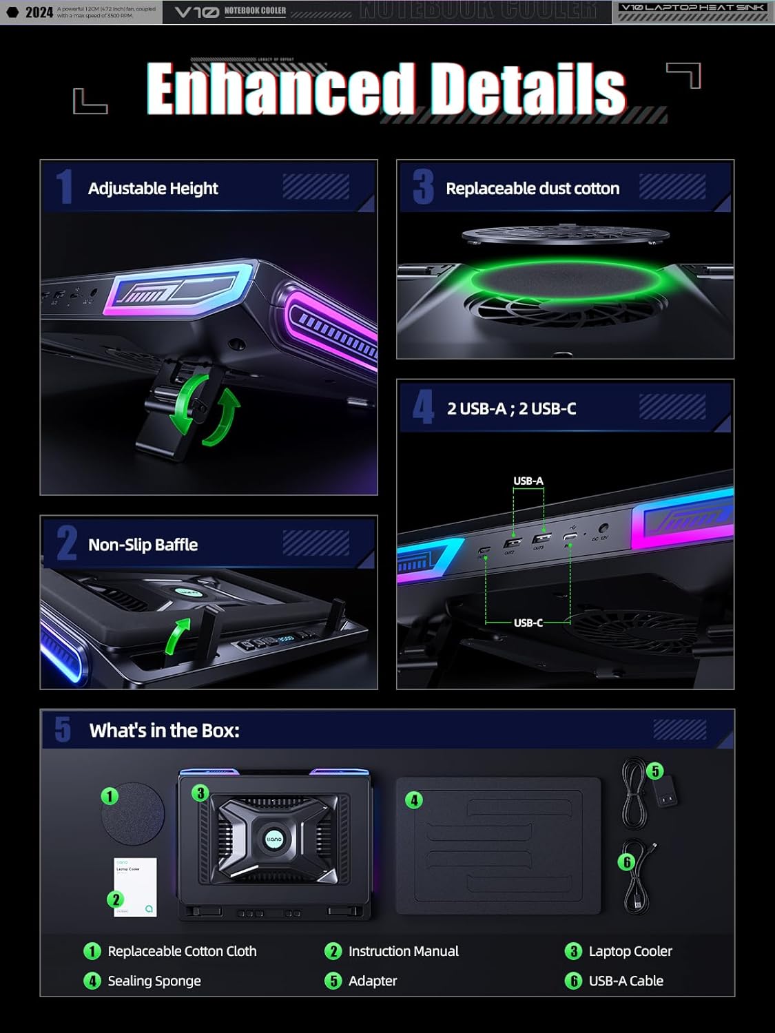 llano V10 Gaming Laptop Cooling Pad, RGB Laptop Cooler Stand with Powerful 4.72 Inch External Turbo Cooling Fan, Fast Cooling Computer 13-17.3in, Button Control, 3 Adjustable Stand, 4-Port USB C&A - Image 6