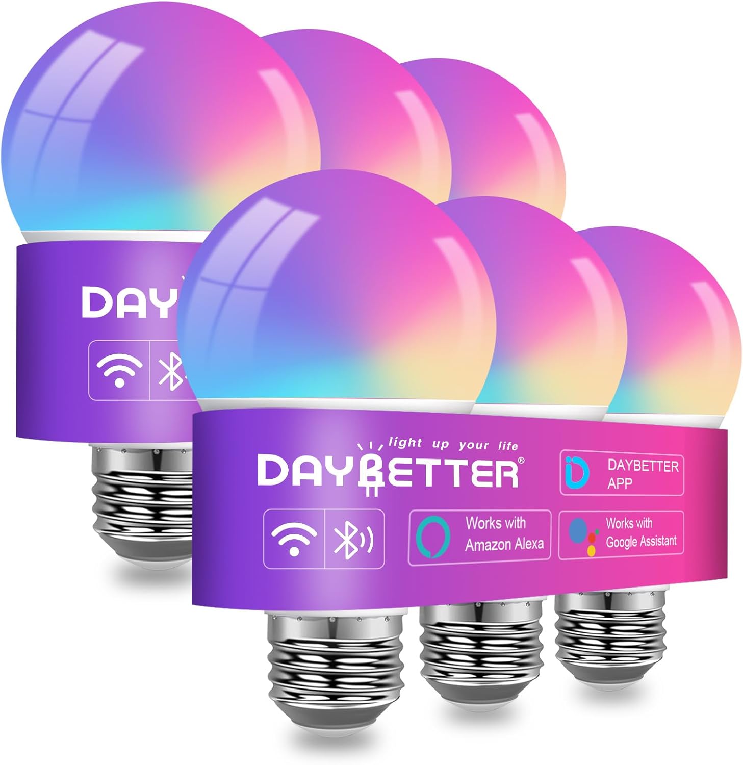 DAYBETTER Smart Light Bulbs, RGBCW Color Changing Smart Bulb Compatible with Alexa & Google Home,Preset Scene, Music Sync, A19 E26 2.4G WiFi Bluetooth Dimmable LED Bulbs, 60W Equivalent, 800LM, 6 Pack