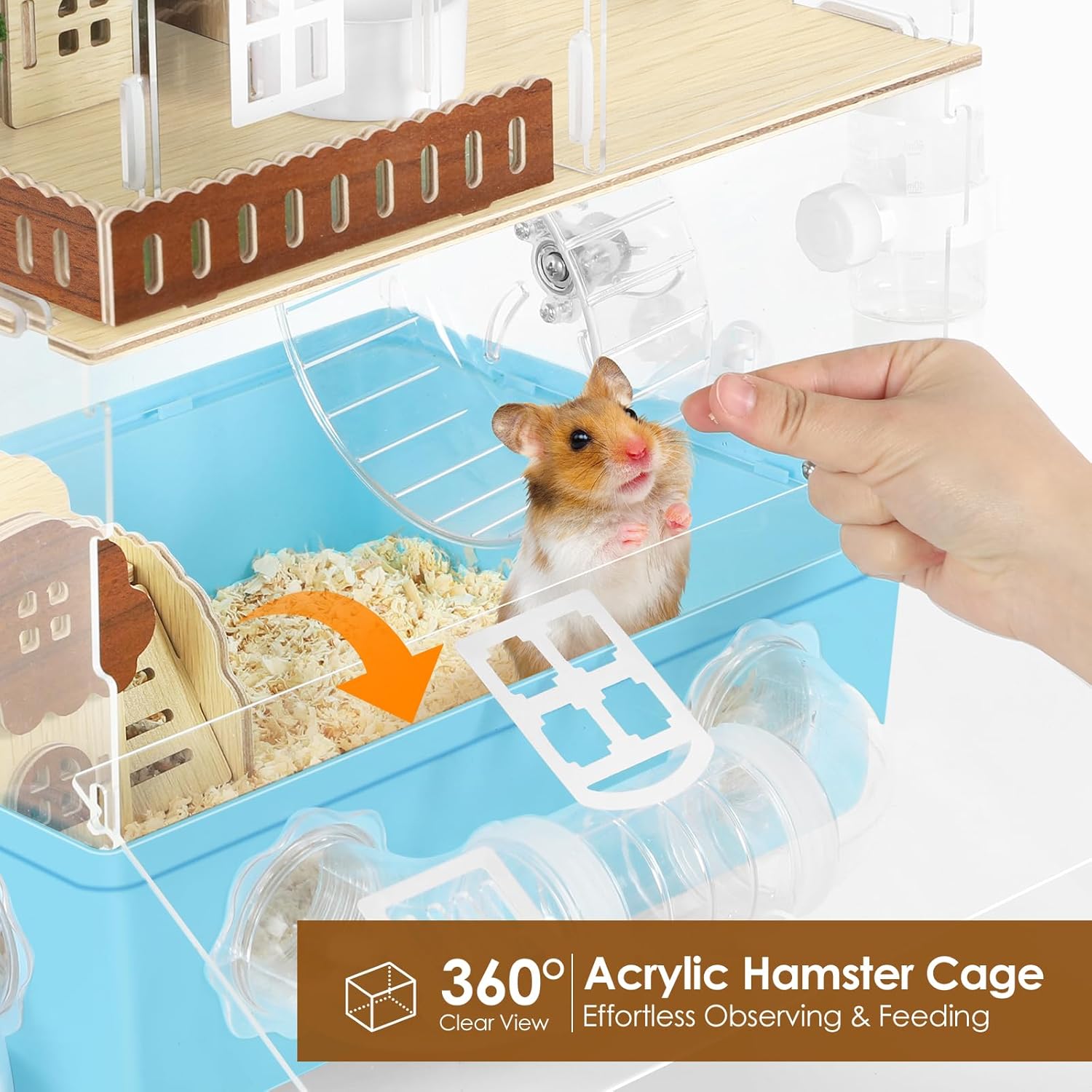 Large Hamster Cage 2 Tier Acrylic Hamster Habitat with Hideout & Running Wheel Blue Dwarf Hamster House for Dwarf Gerbils Syrian Hamsters, Blue, 13.3''L* 9.8''W* 17.4''H - Image 5