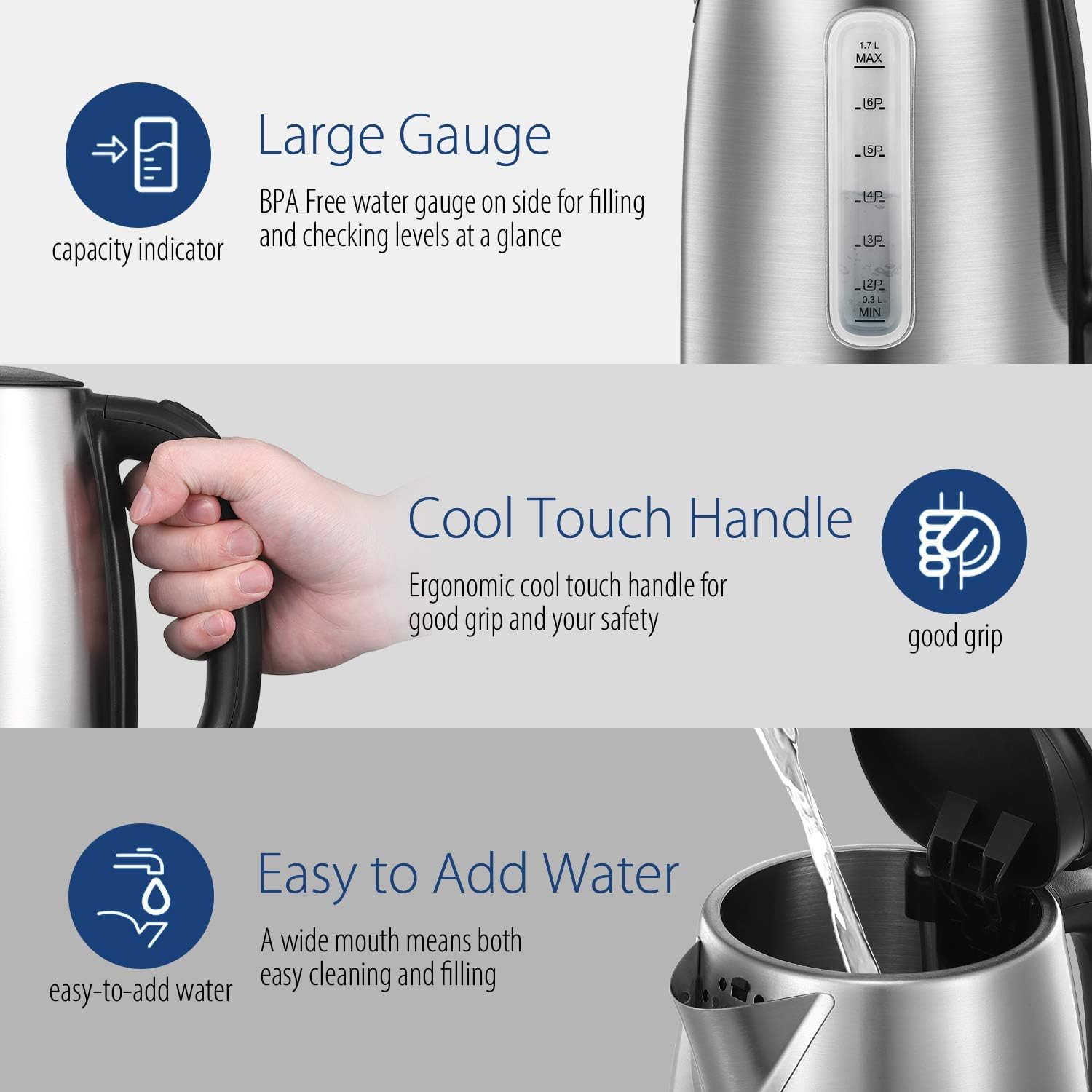 COMFEE' Stainless Steel Electric Kettle, 1.7 Liter Tea Kettle Electric & Hot Water Kettle, 1500W Fast Boil with LED Light, Auto Shut-Off and Boil-Dry Protection - Image 4