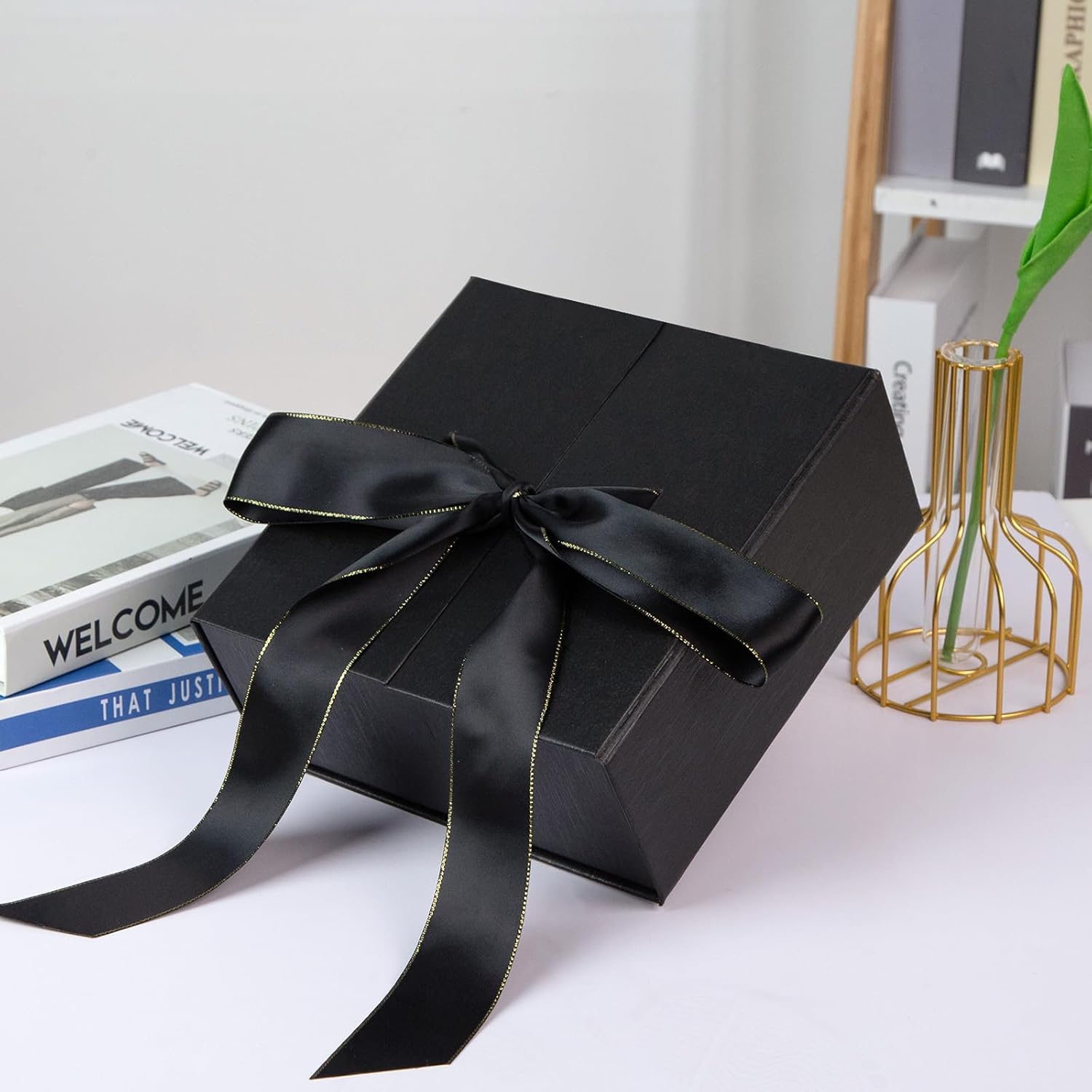 JOHOUSE Black Gift Box, 8x8x3.5 Inches Gift Boxes With Lids For Presents, Magnetic Closure with Ribbon For Weddings, Birthday - Image 6