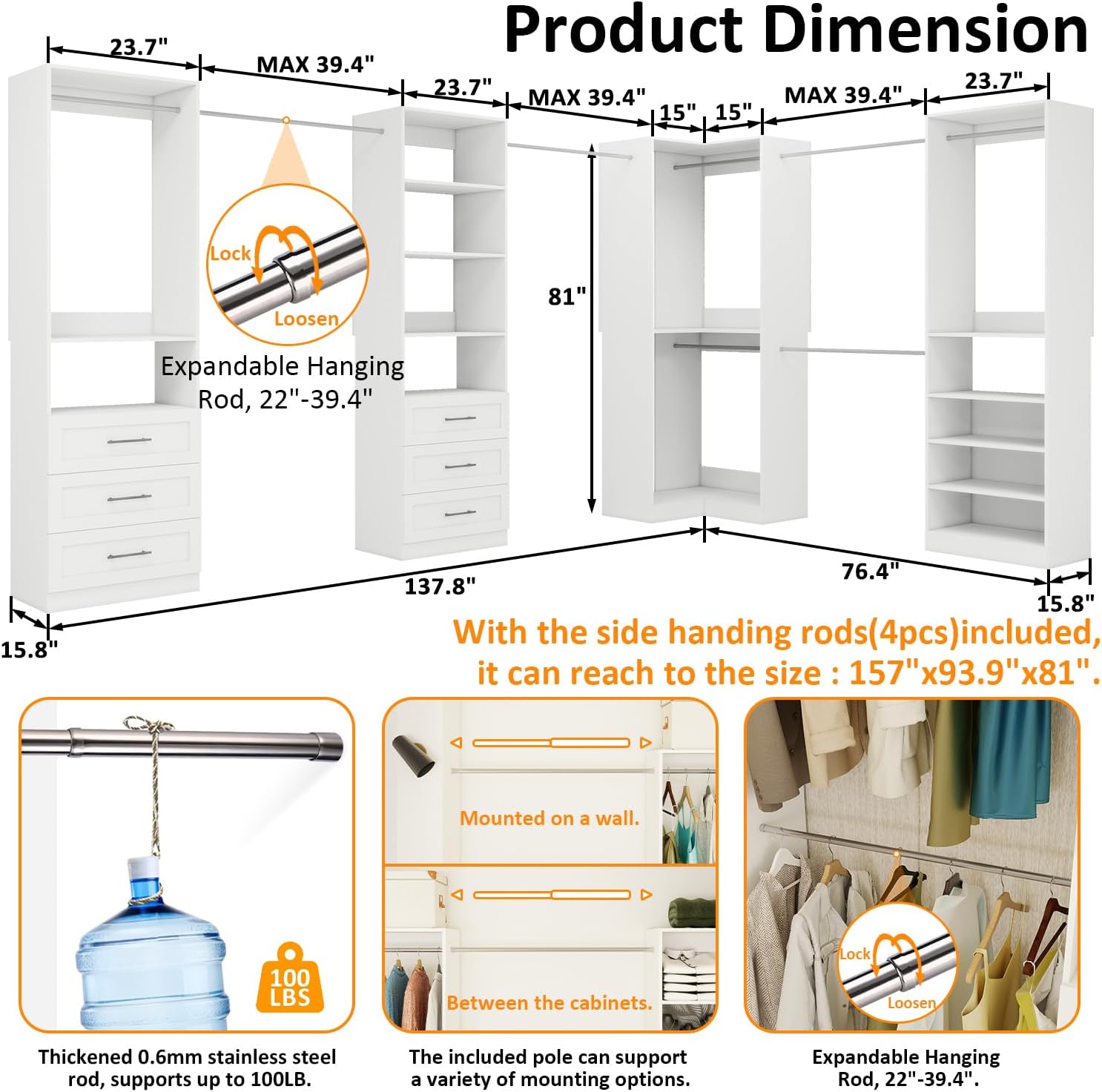 Vomavex Closet System with 4 sets, 101.9" Closet Organizer Systems with 6 Drawers & 8 Hanging Rods & Adjustable Shelves, Walk in Closet Standing Closet System, Corner Closet System Set, White - Image 4