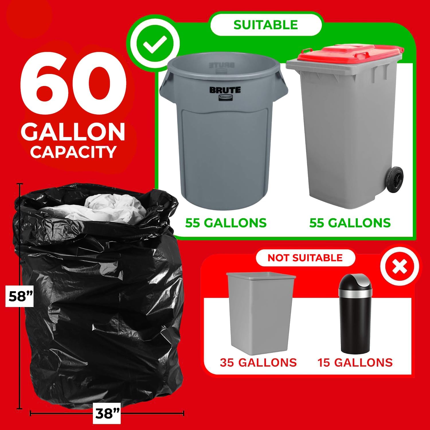 ToughBag 55-60 Gallon Heavy Duty Trash Bags - 150 Count, Large Black Garbage Bags - Made in USA - Image 2
