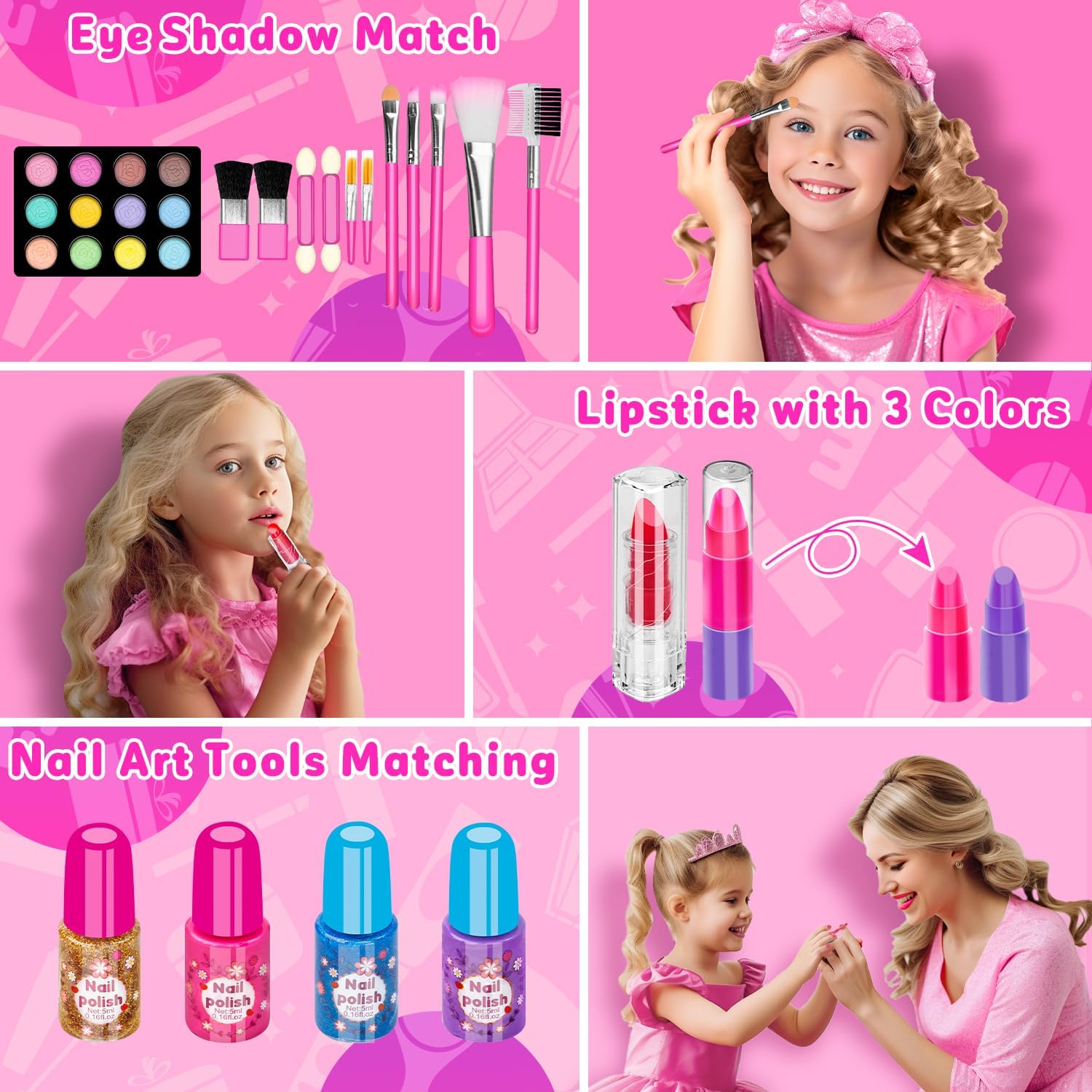 Hollyhi 58 Pcs Kids Makeup Kit for Girl, Princess Toys Real Washable Cosmetic Set with Mirror, Kids Makeup Sets for Girls, Play Make Up Birthday Gifts for 3 4 5 6 7 8 9 10 11 12 Years Old Kid (Rose) - Image 3