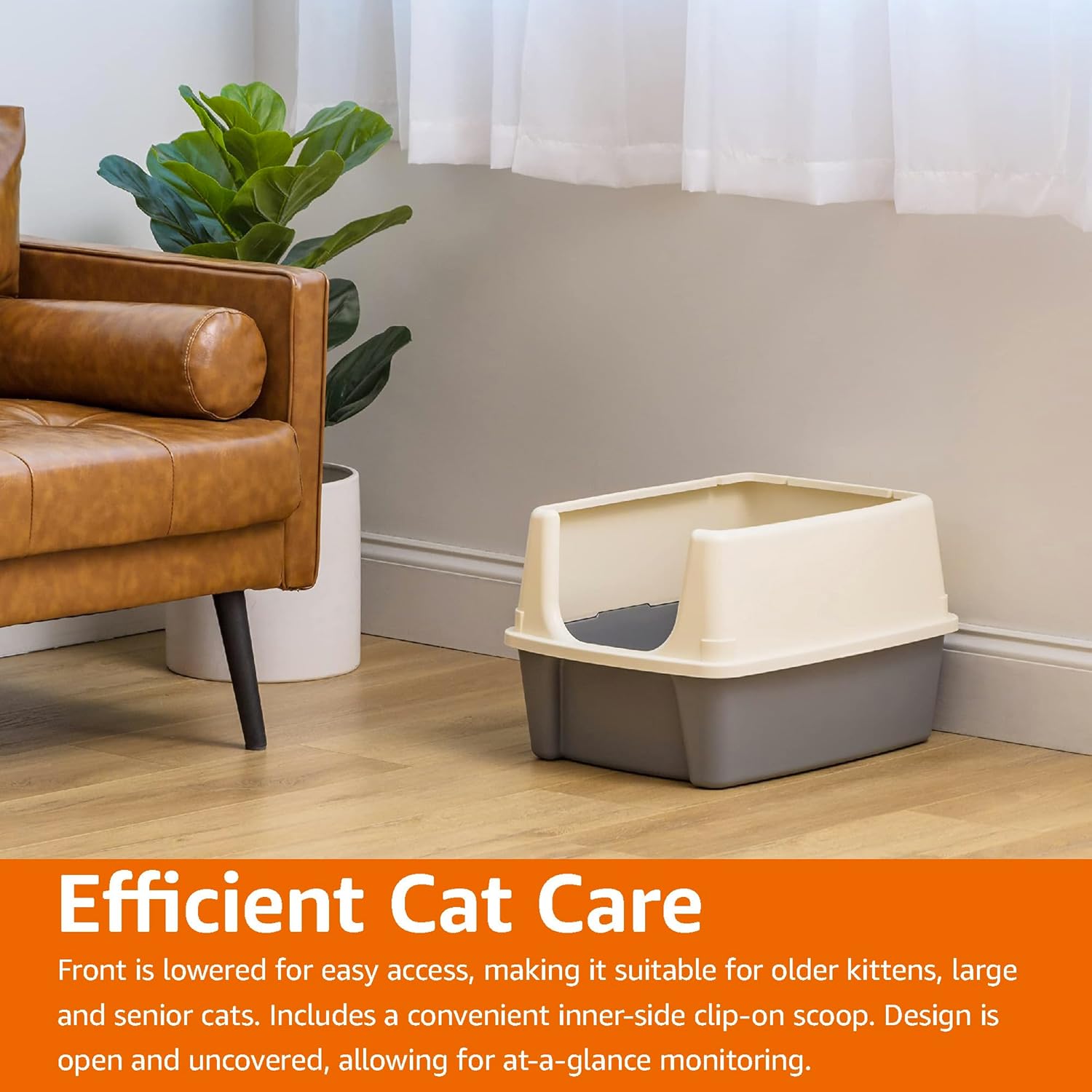 Amazon Basics Large Cat Litter Box with High Sides, Open Top for Easy Access, Includes Scoop with Storage, 19" x 15" x 11.75", Grey/Beige - Image 9