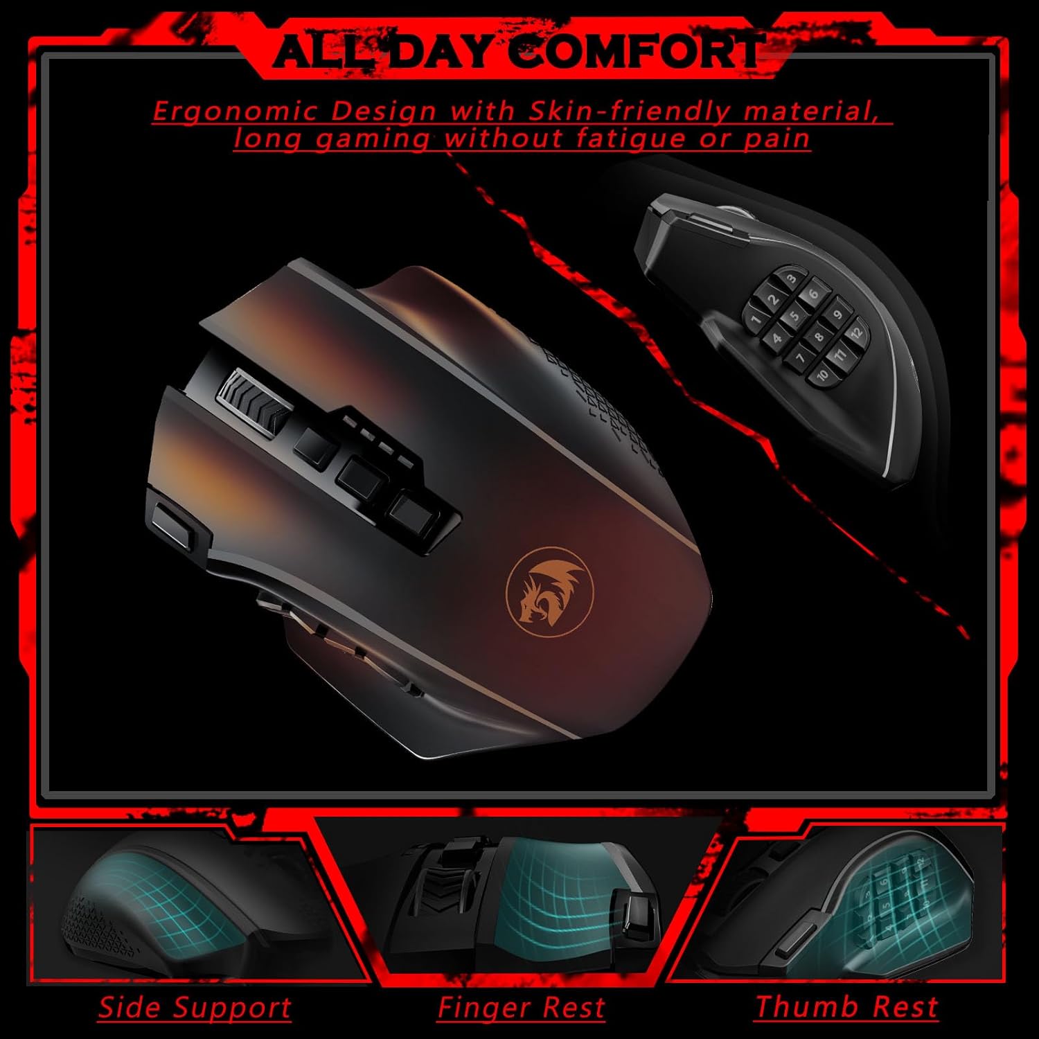 Redragon Wireless Gaming Mouse, MMO Gaming Mouse UP 16,000 DPI, 16 Macro Programmable Buttons, RGB Rechargeable with 12 Side Buttons, 70Hrs for PC Laptop MOBA FPS, M901P-KS - Image 7