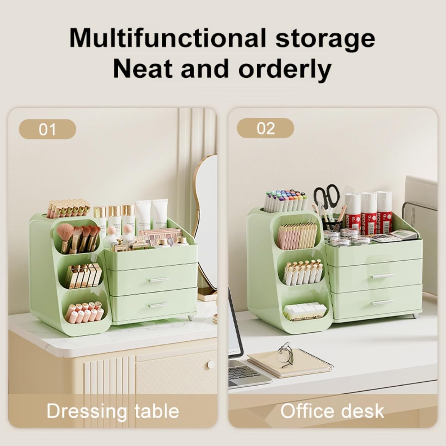 Booklov Makeup Organizer for Vanity, Large Capacity Cosmetic Display Case with Drawers, Countertop Beauty Storage Holder for Skincare, Brush Eyeliner Perfume Eyeshadow Lipsticks, Counter Desk, Green - Image 7