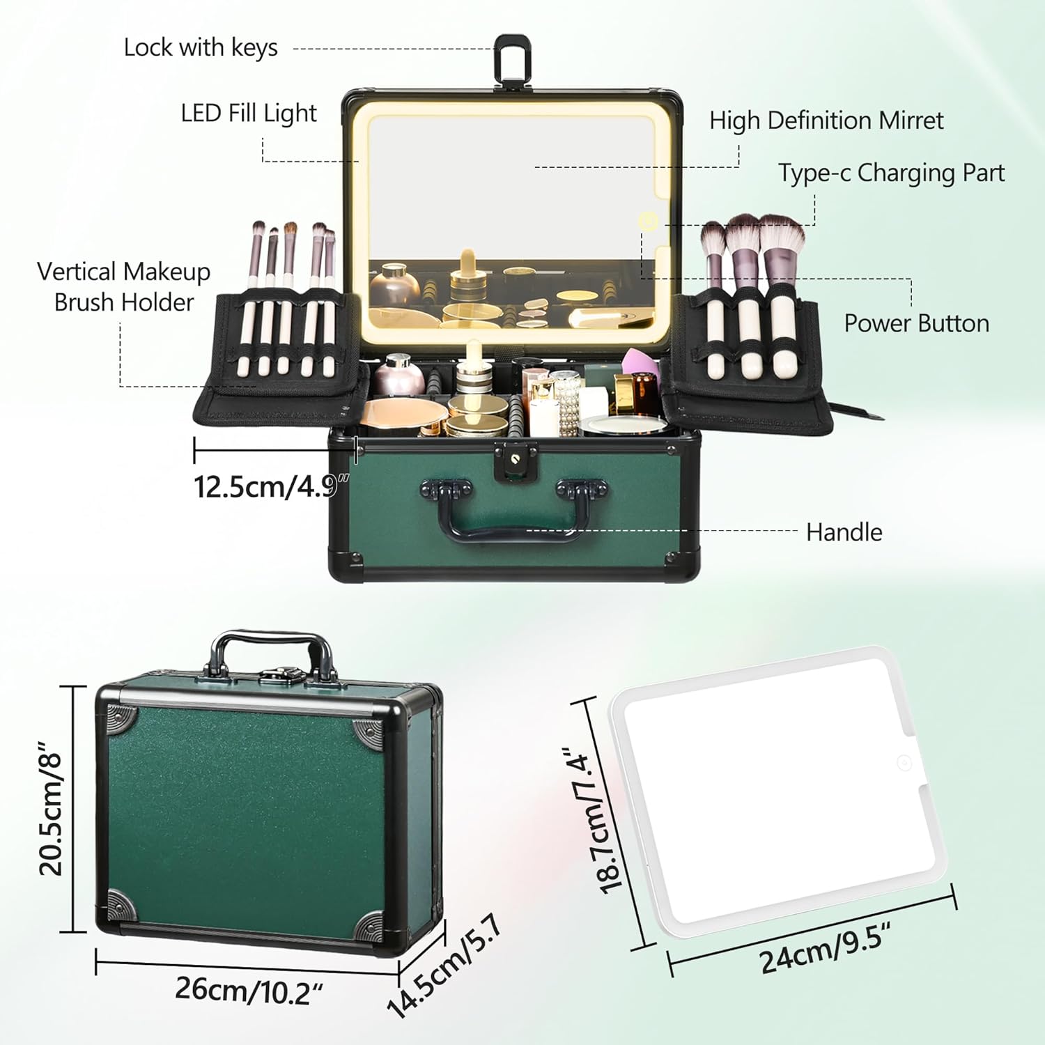 Makeup Case with Lighted Mirror, Makeup Box Organizer with Detachable LED Mirror, Travel Makeup Train Case, Waterproof Cosmetic Organizer, Standing Makeup Brush Holder, Gift, Black Green - Image 4