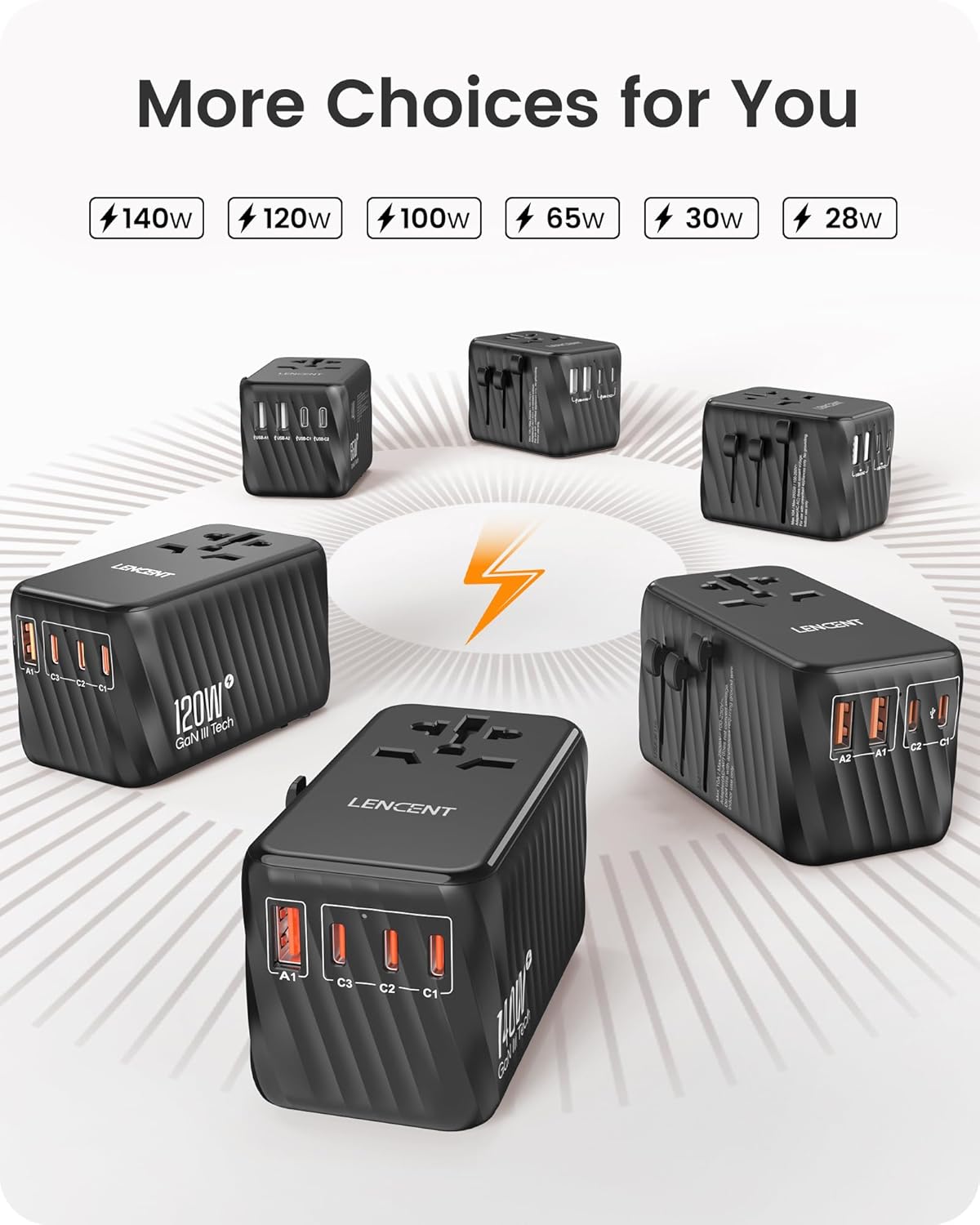 LENCENT International Travel Adapter, 120W GaN Universal Fast Charger with 3 PD3.0 Type C+1 QC USB A, All in One Power Adaptor for iPhones,Laptops, Worldwide Plug Adapter for EU/USA/UK/AU, Black - Image 6