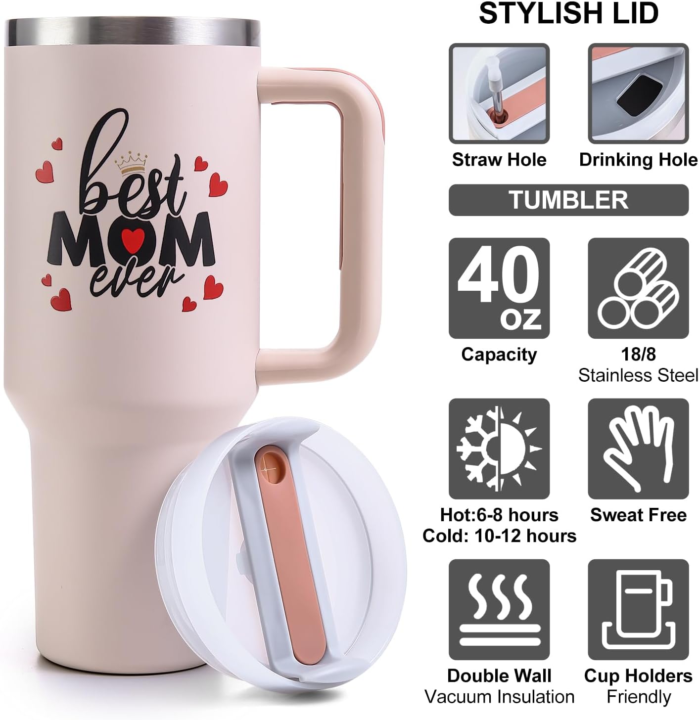 Mothers Day Gifts for Mom, Best Mom Ever Tumbler with Handle 40oz - Moms Birthday Gift Ideas from Daughter, Son, Mama Coffee Tumbler - Christmas Gift Best Mom Ever Mug - Image 3