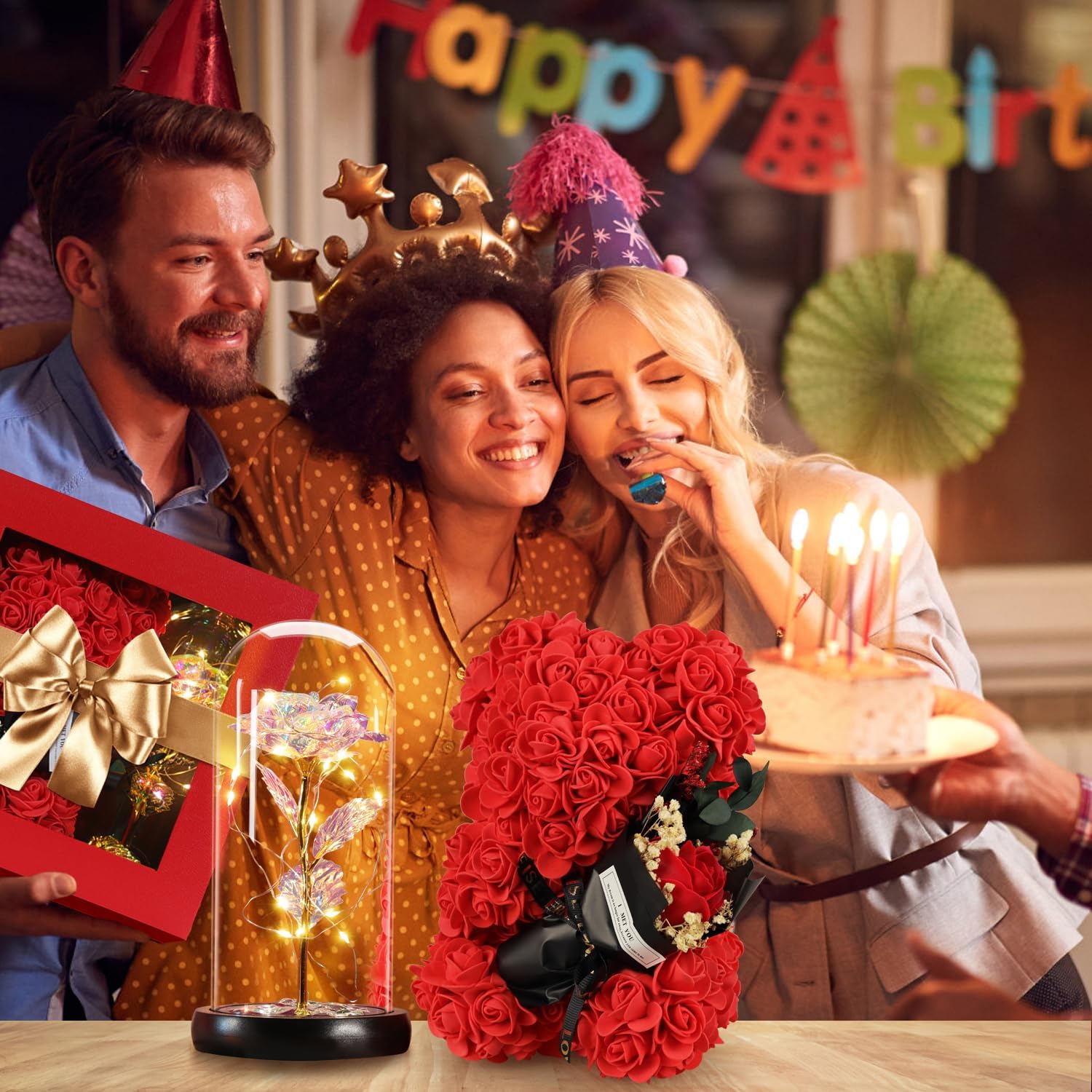 Mothers Day Rose Gifts for Mom Women Wife Girlfriend, Rose Bear & Beauty and the Beast-Inspired Rainbow Light-Up Roses Gift Set – Perfect for Valentine’s, Birthday Mother’s Day and Anniversary - Image 2