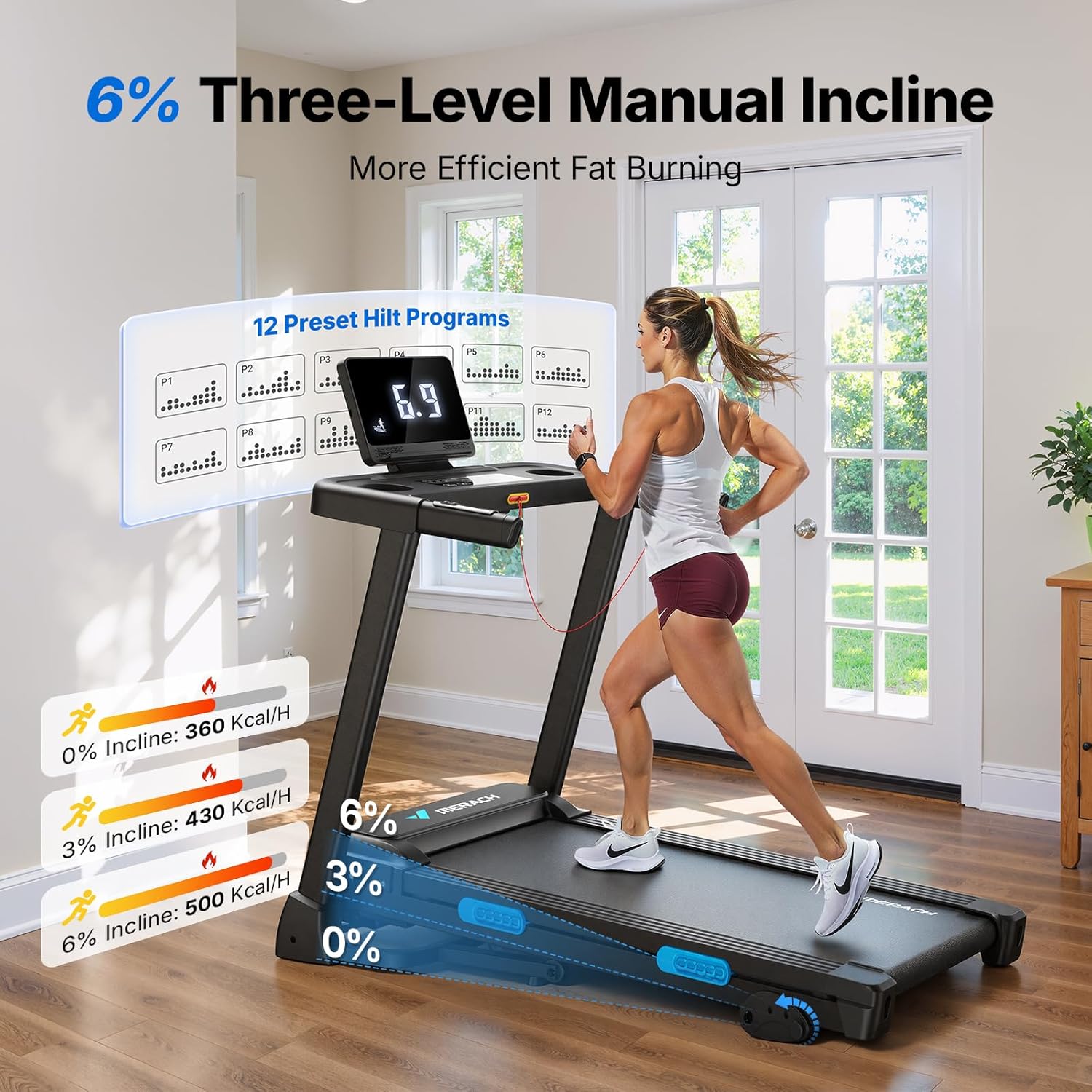 MERACH Incline Treadmill with Incline 6%-15%, 7-Layer Belt 300LBS Capacity Tredmill Foldable Handle Running Treadmills for Home, 0.5-7.5MPH 3.0HP Incline Folding Treadmill LED with APP Threadmill - Image 9