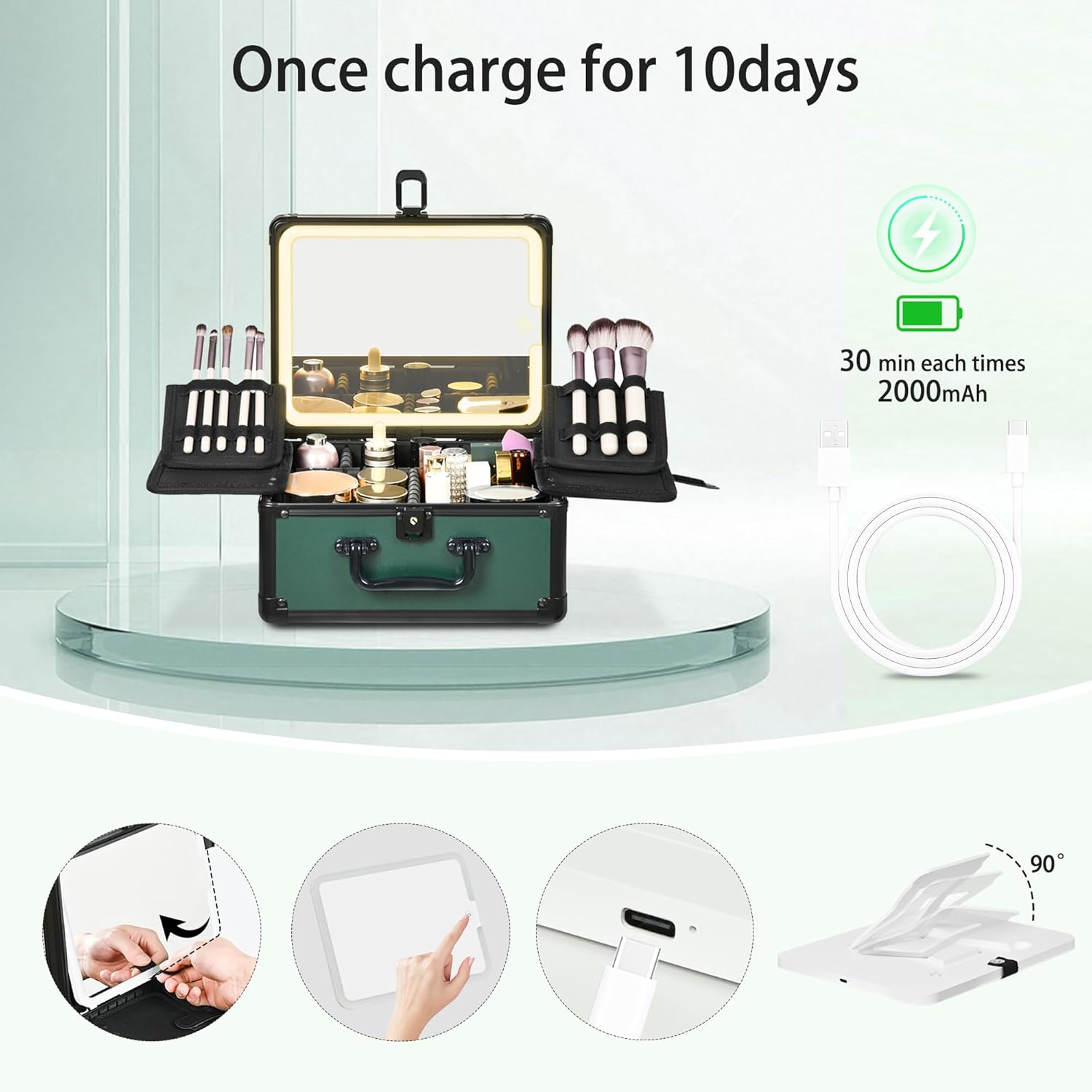 Makeup Case with Lighted Mirror, Makeup Box Organizer with Detachable LED Mirror, Travel Makeup Train Case, Waterproof Cosmetic Organizer, Standing Makeup Brush Holder, Gift, Black Green - Image 6
