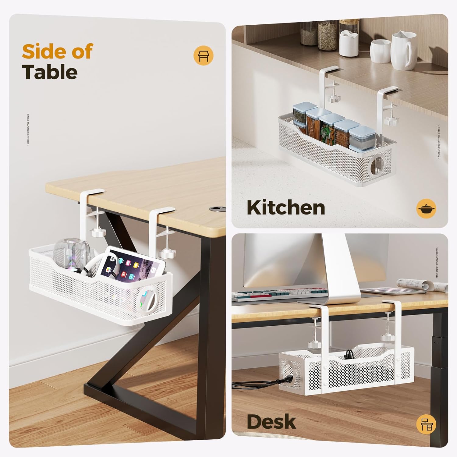 Under Desk Cable Management Tray White, Cinati Wire Organizers No Drill, Cable Tray with Clamp for Wire Management, Cord Organization Box for Office, Home - No Damage to Desk - Image 7