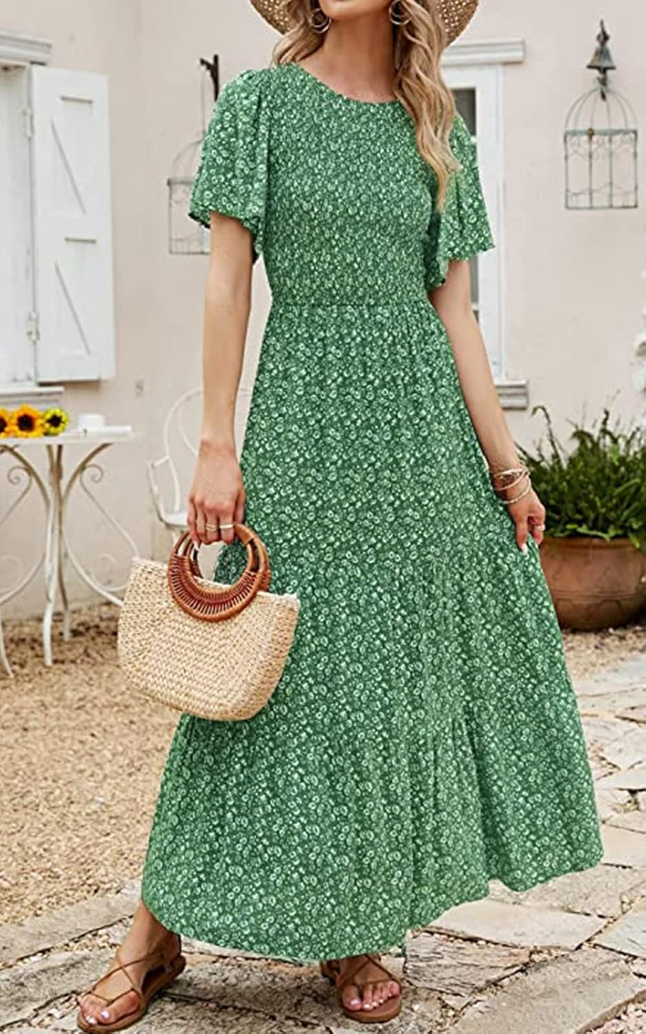 PRETTYGARDEN Women's 2026 Summer Casual Flutter Short Sleeve Boho Floral Maxi Dress Crew Neck Smocked Tiered Long Dresses - Image 6