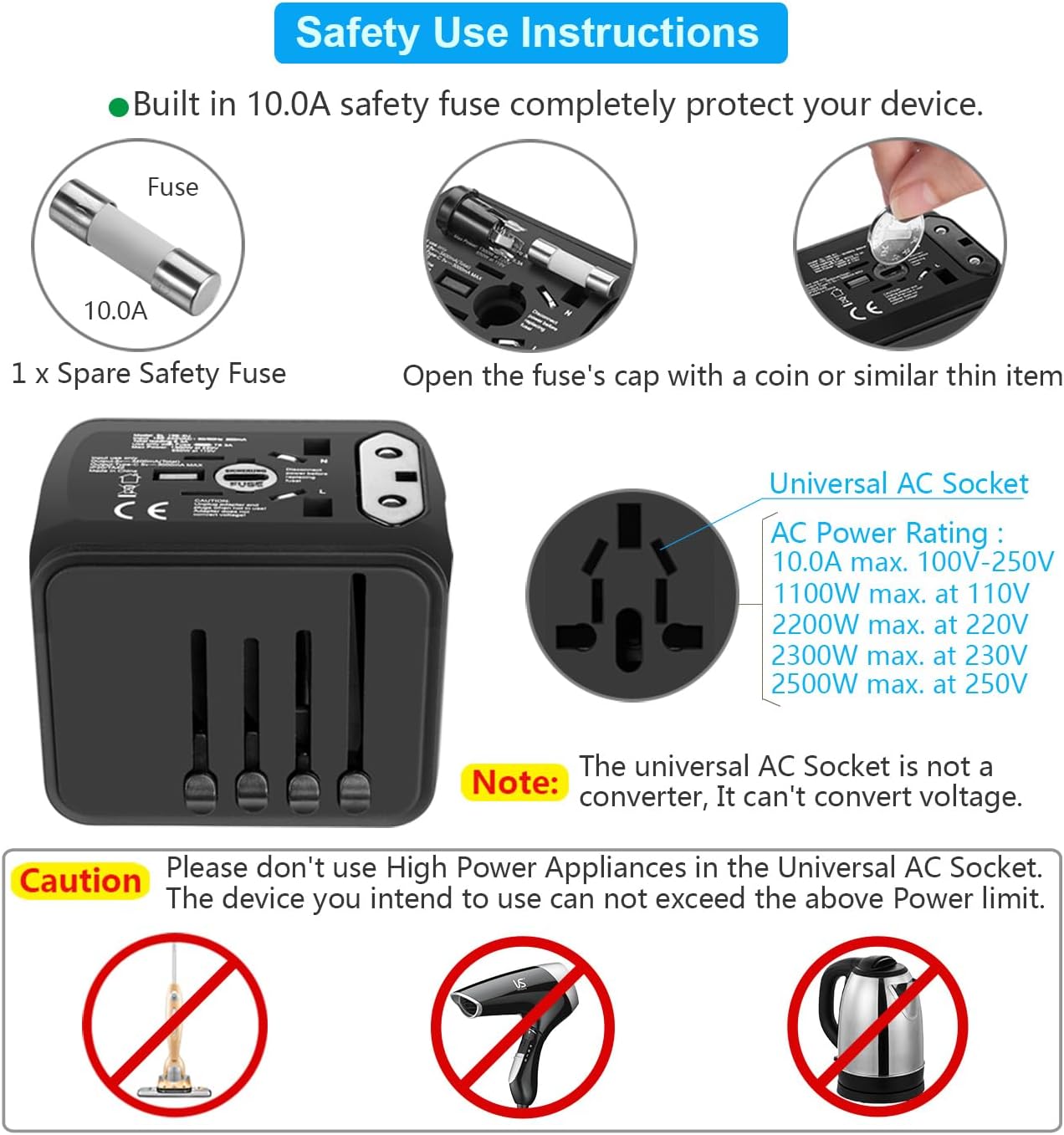 Universal International Travel Power Adapter W/High Speed 2.4A USB, 3.0A Type-C Wall Charger, European Adapter, Worldwide AC Outlet Plugs Adapters for Europe, UK, US, AU, Asia-Black - Image 6