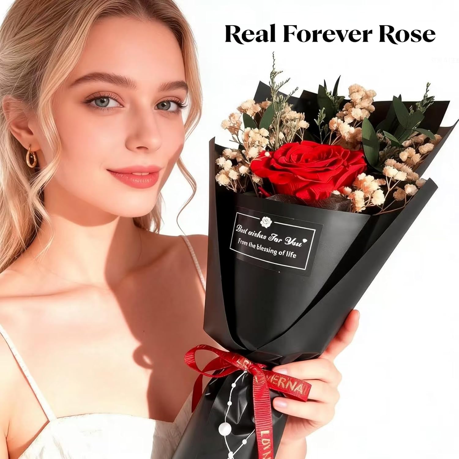 Real Forever Flower Roses for Delivery Prime Preserved Roses in Gift Box with Baby's Breath, Pearls, Greeting Card, Red Rose for Women, Valentine‘s Day Gift Give Girlfriend/Mother/Wife‘s Anniversary - Image 4