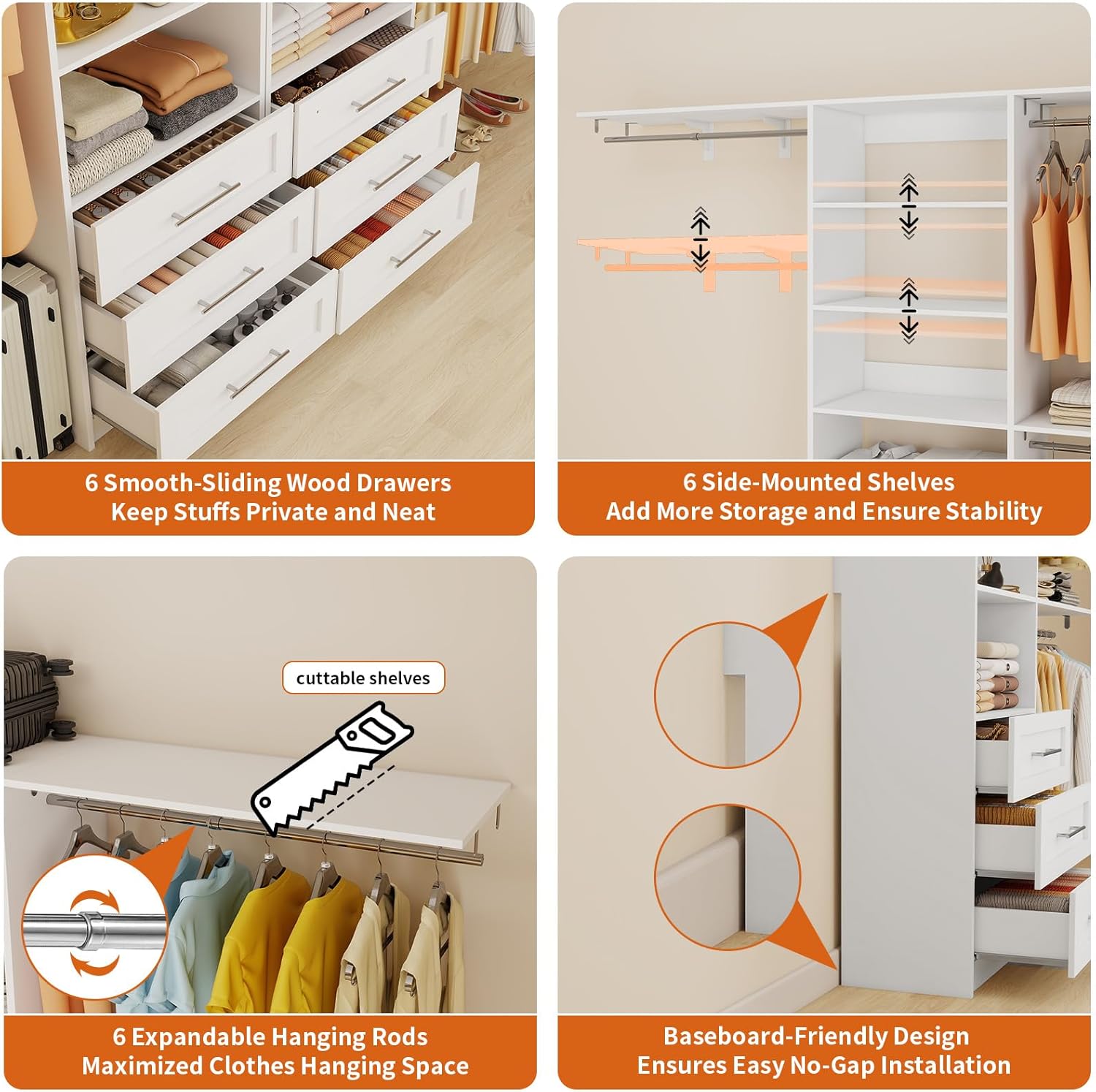 Closet System with 6 Drawers, 6-13FT Custom Closet Organizer System with 6 Hanging Rods &Adjustable Shelves , Wood Closet System Kit for Walk in Closets, Modular Closet Organizer System, 2 Sets,White, - Image 4