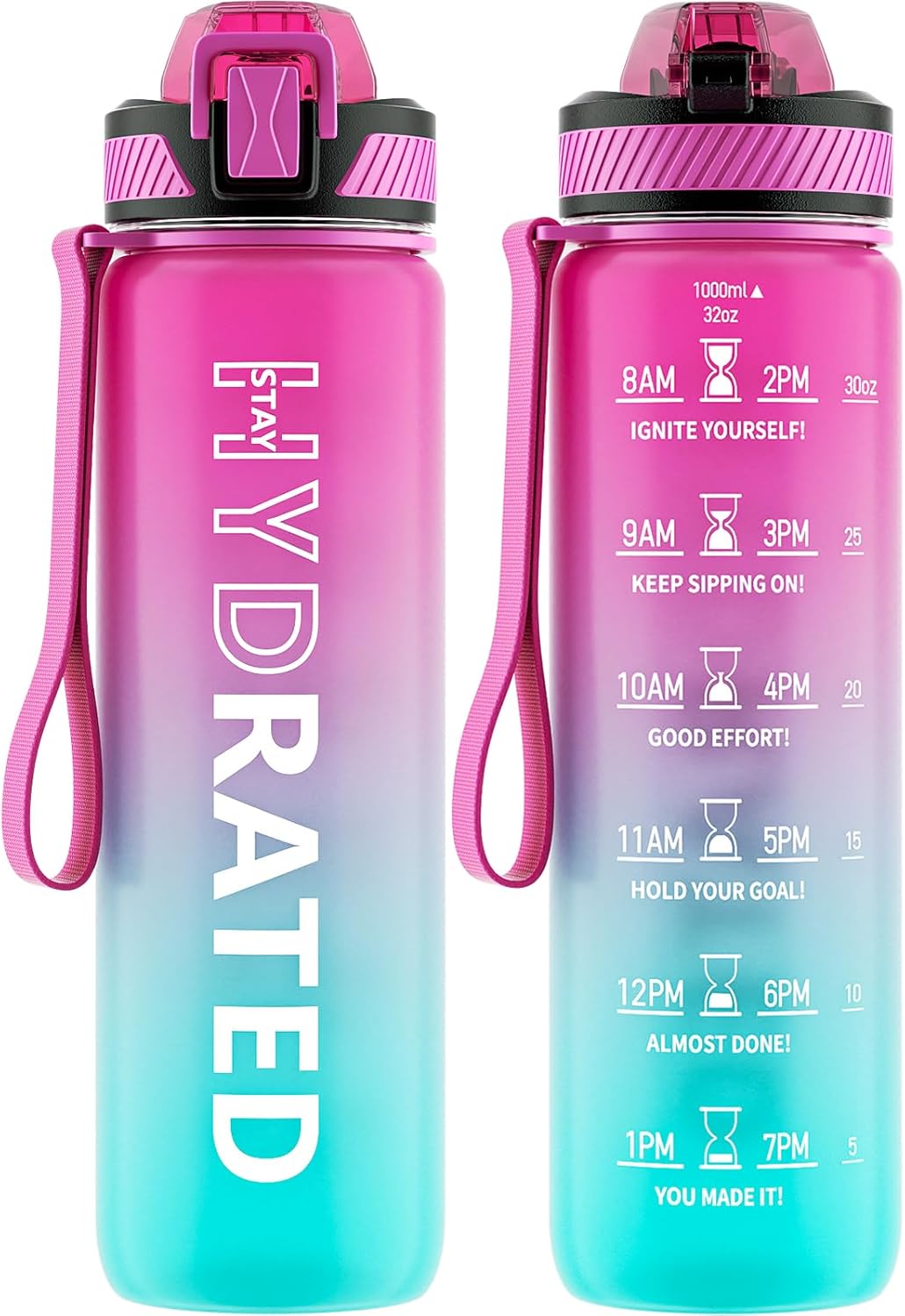 Water Bottle with Straw, 32oz Motivational Water Bottles with Time Marker to Drink, Tritan BPA Free, 1L Sports Water Bottle with Carry Strap LeakProof for Women Gym Fitness Outdoor (1 Pack)