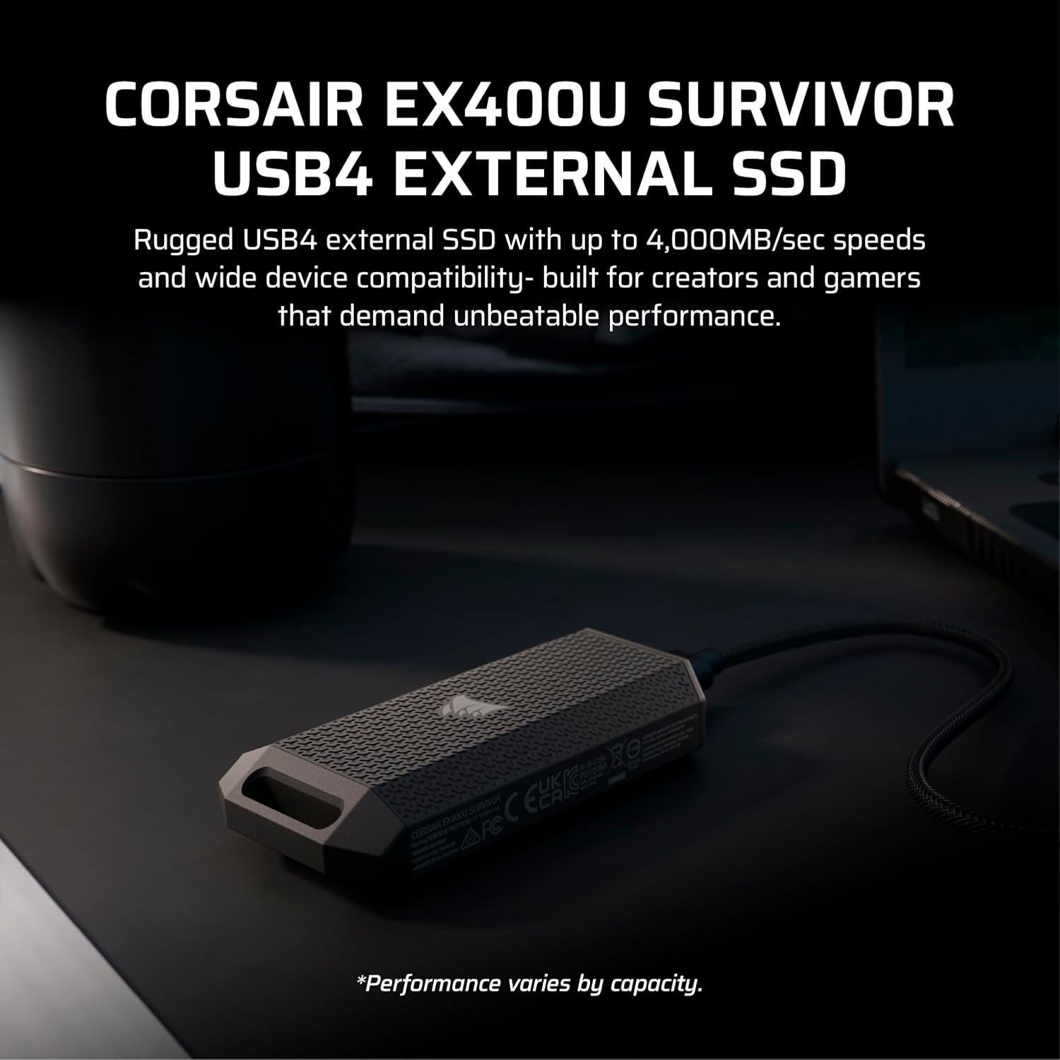 Corsair EX400U Survivor 4TB USB4 External SSD – Up to 4000 MB/s, IP55 Rugged Drive, Plug & Play for PC, Mac & iPad – Black - Image 2