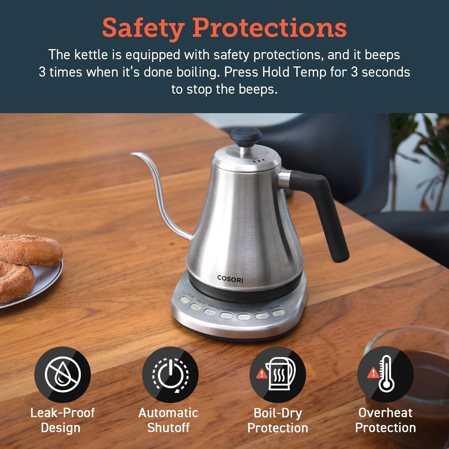 COSORI Gooseneck Electric Kettle with 5 Variable Presets, Pour Over & Coffee maker, 100% Stainless Steel Inner Lid & Bottom, 1200 Watt Quick Heating, 0.8L, Silver - Image 7