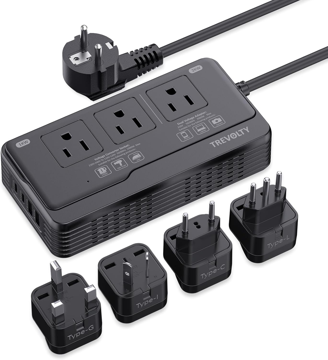 2000W Voltage Converter US to Europe for Hair Dryers, 7-in-1 220V to 110V Converter for European Travel with 3 AC/2 USBA/2 USBC Ports, Universal Power Converter Adapter Combo with EU/UK/IT/AU