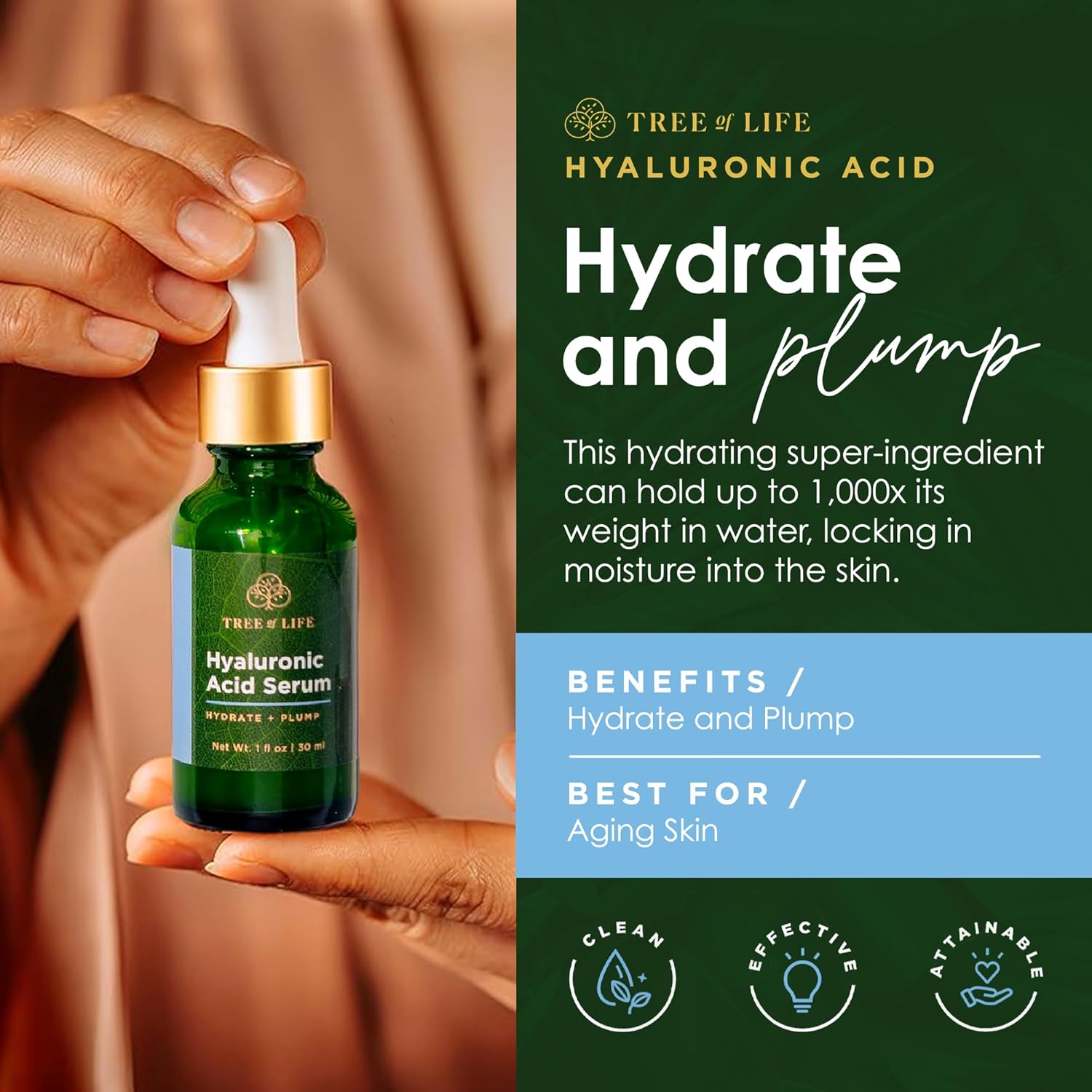 Tree of Life Beauty Hyaluronic Acid Serum, Skin Brightening Face Oil for Dark and Age Spots, Facial Serums for Dry and Sensitive Skin Care with Vitamin E for Soft Smooth Skin, 2 Fl Oz - Image 2