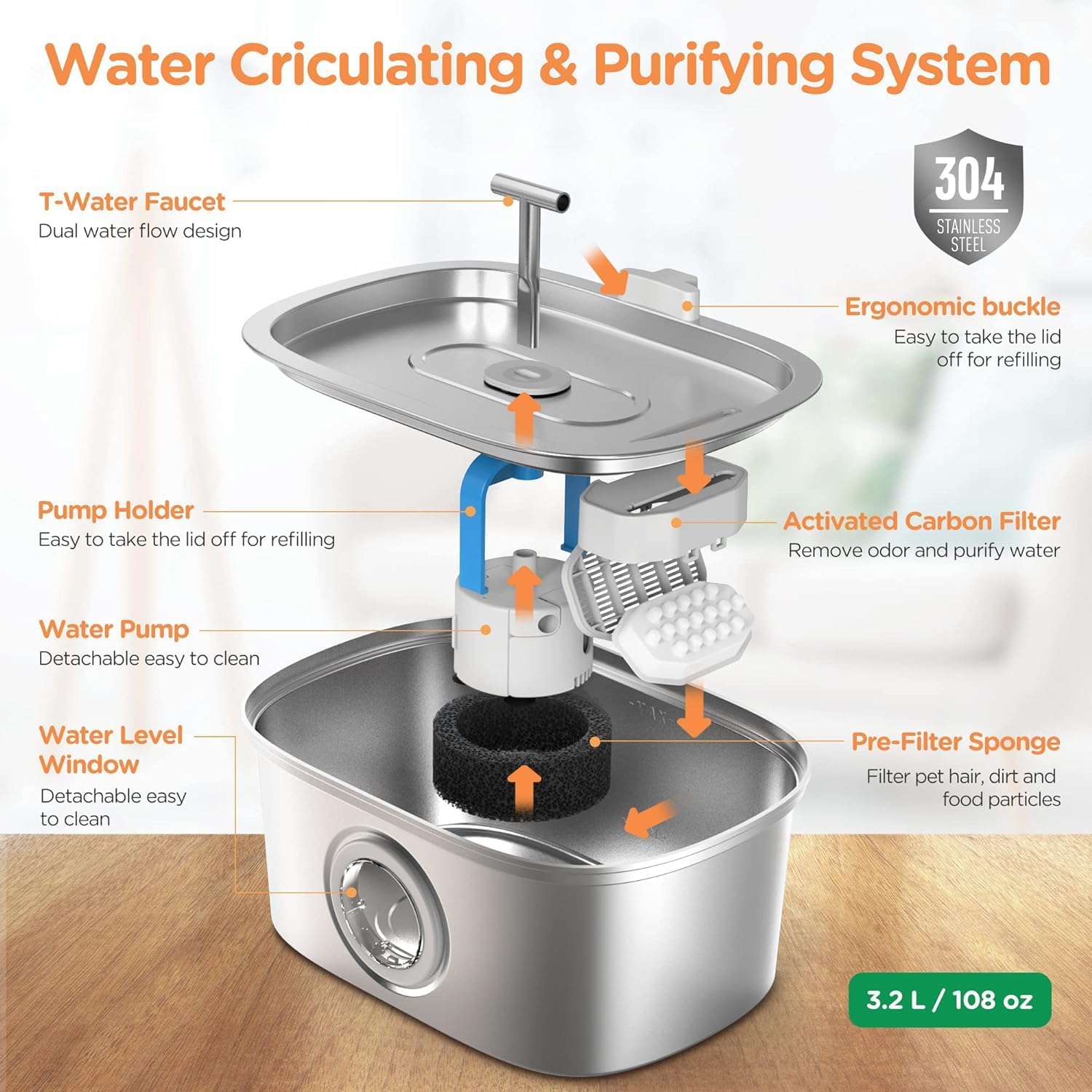 Cat Water Fountain Stainless Steel: 108oz/3.2L Cat Fountain for Drinking with Filter - Pet Water Fountains for Cats Inside - Automatic Cat Feeding & Watering Supplies - Water Level Window - Image 2