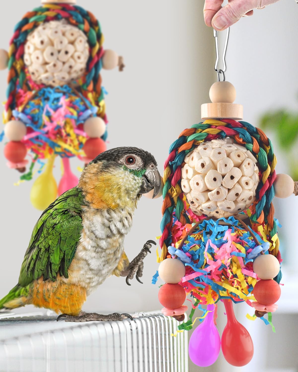 Bissap Conure Toys, 2PCS Bird Parrot Foraging Shredder Hanging Toys Sola Balls with Sand Hammer for Small Parrots Parakeets Conures Cockatiels Love Birds Cage Toy - Image 6