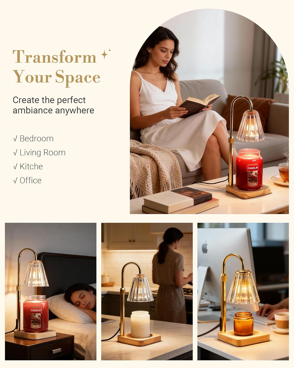 Marycele Candle Warmer Lamp with Timer & Dimmer - Mothers Day Gifts for Women Mom Her, Aesthetic Office Home Decor, Adjustable Height Wax Melter for Candle Jar & 3-Wick Candles (2 Bulbs Included) - Image 6