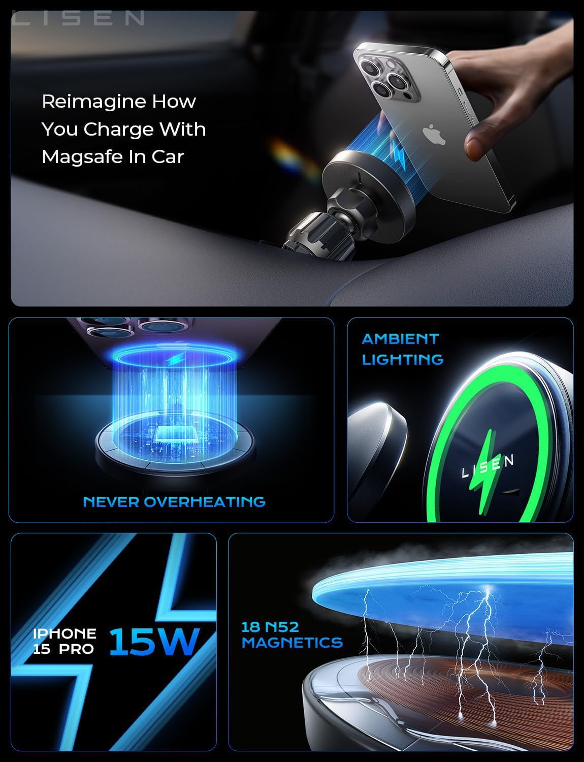 LISEN for 15W MagSafe Car Mount Charger,MagSafe Charger,Wireless Car Charger,Magnetic Phone Holder for Car,Phone Holders for Your Car Accessories for Women Men Jeep Ford F150 for iPhone 17-12,Samsung - Image 3