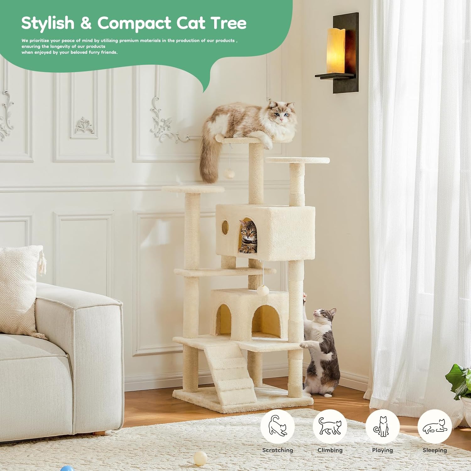 DUMOS 54-inch Indoor Cat Tree Tower –Multi-Level Pet House for Large Cats with 2 Condos, Scratching Posts, Round Platform, Small Ladder, and Toys, Beige - Image 2