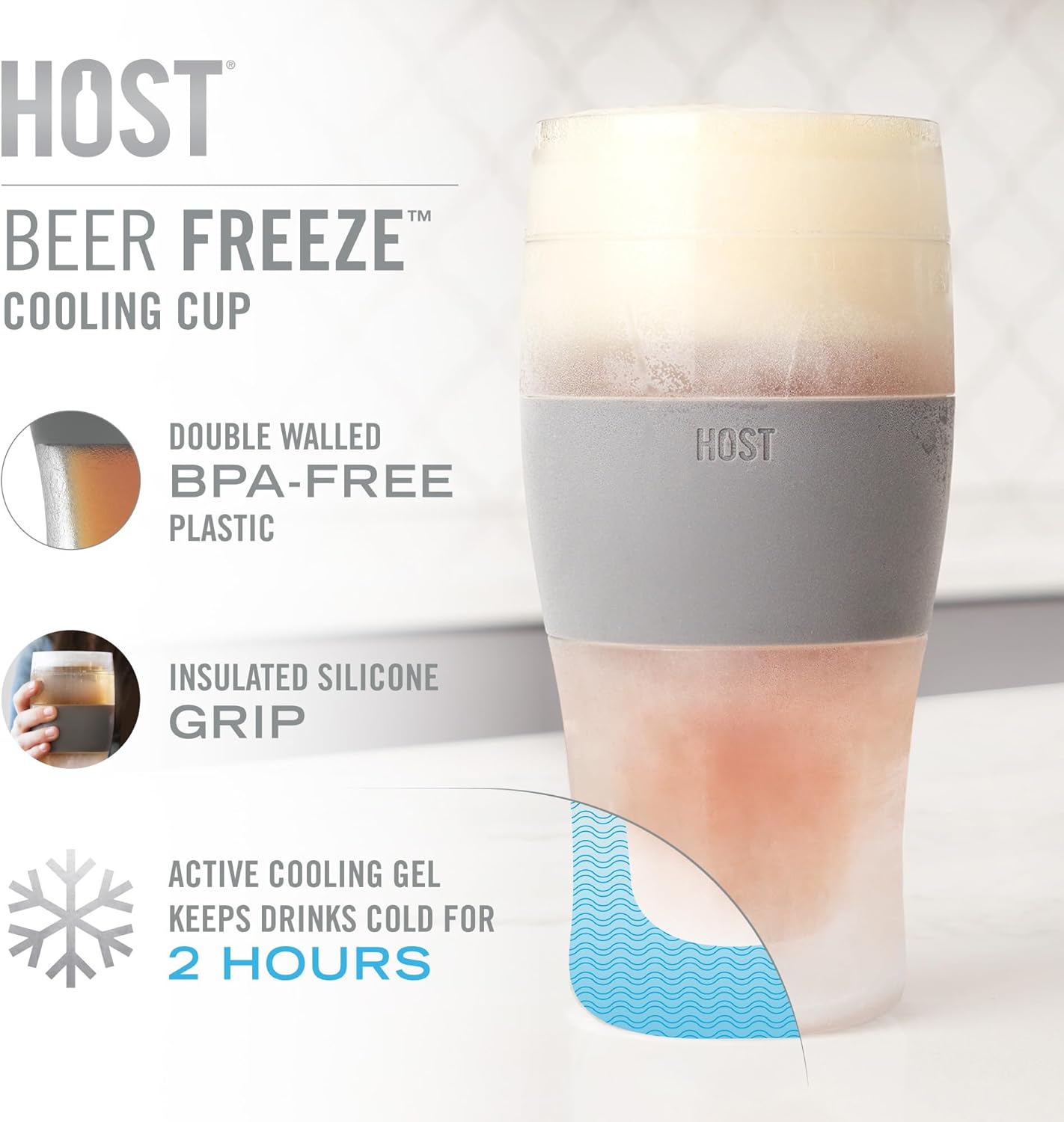 Host Freeze Beer Glasses, Freezable Beer Gifts for Men, Double Wall Insulated Pint Set, Tumbler for Cold Drinks, 16, Set of 2, Gray - Image 4