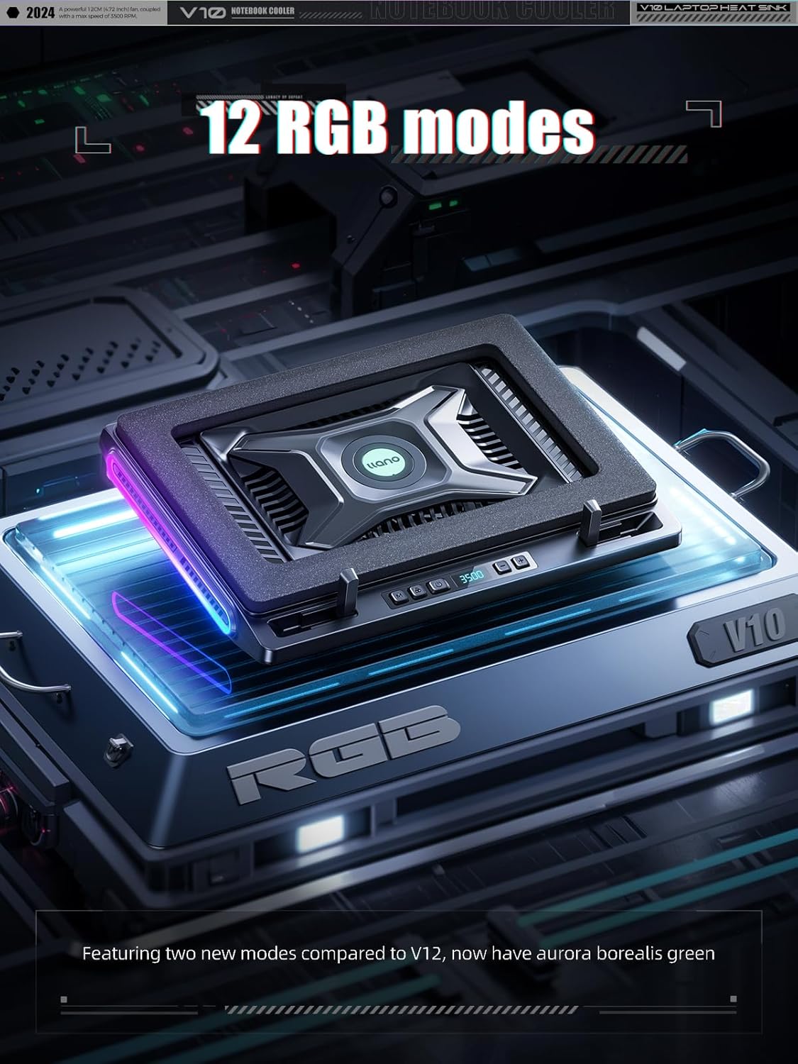 llano V10 Gaming Laptop Cooling Pad, RGB Laptop Cooler Stand with Powerful 4.72 Inch External Turbo Cooling Fan, Fast Cooling Computer 13-17.3in, Button Control, 3 Adjustable Stand, 4-Port USB C&A - Image 3