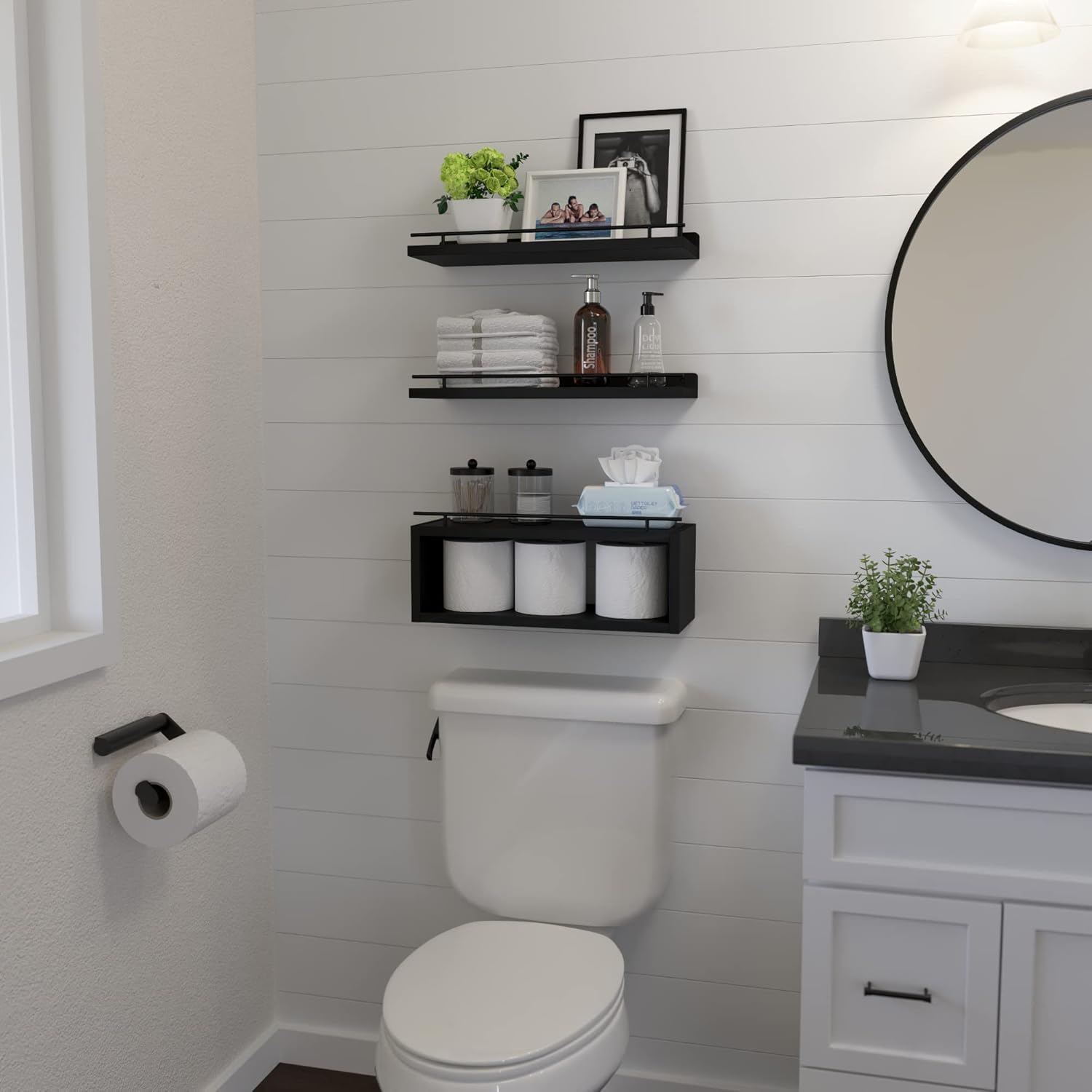 WOPITUES Floating Shelves for Wall with Cube Shelf, Wall Shelves with Metal Rail for Bathroom Decor, Bathroom Organizers and Storage, Over Toilet Shelves for Toilet Paper-Black - Image 4